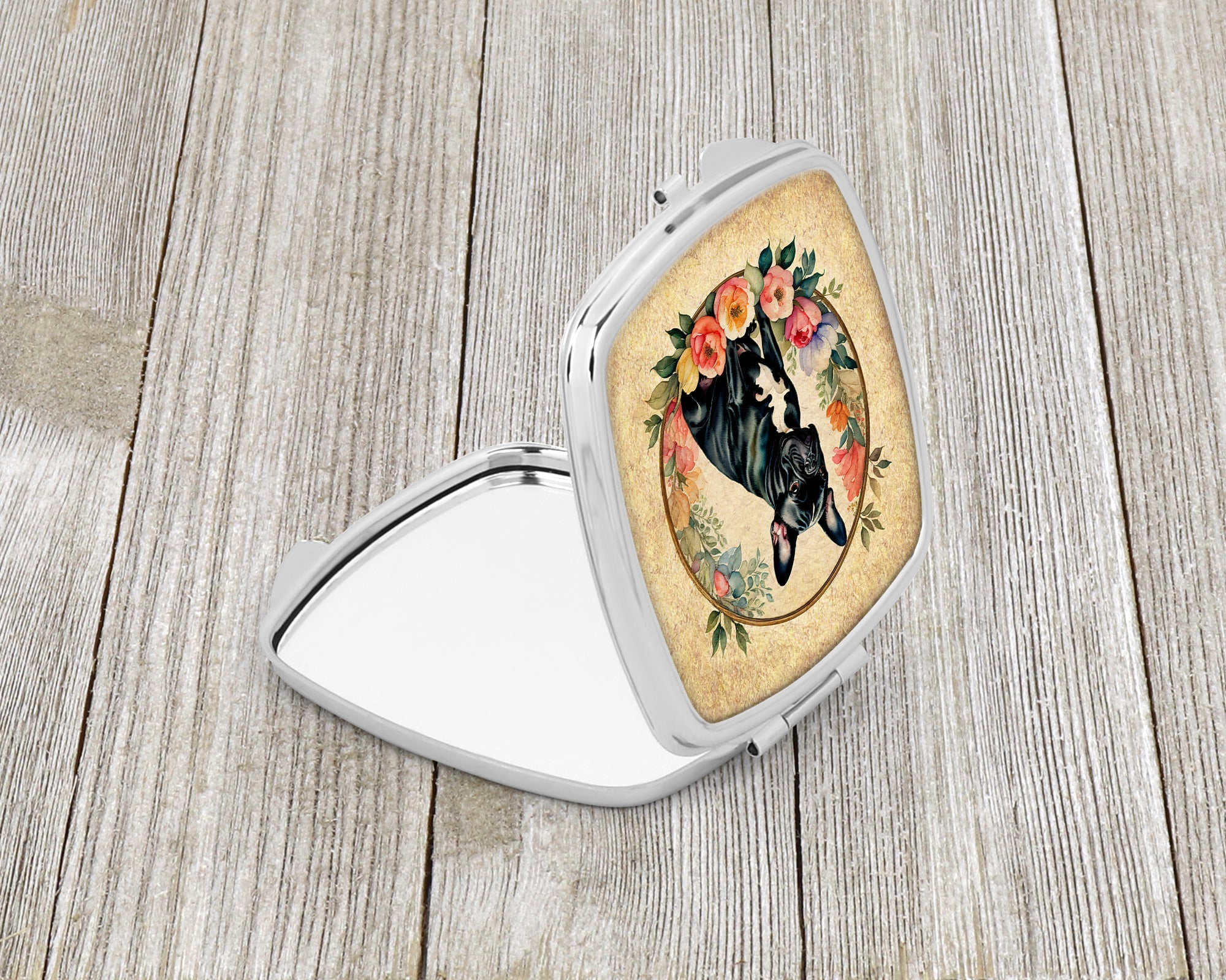 Black French Bulldog and Flowers Compact Mirror Decorative Travel Makeup Mirror for Women Girls Gifts Pocket Makeup Mirror Folding Handheld