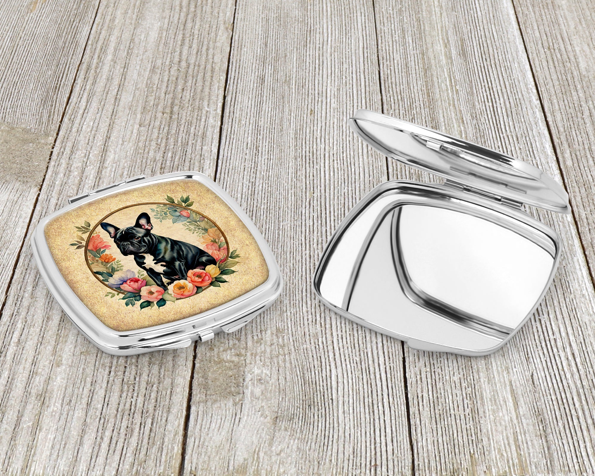 Black French Bulldog and Flowers Compact Mirror Decorative Travel Makeup Mirror for Women Girls Gifts Pocket Makeup Mirror Folding Handheld