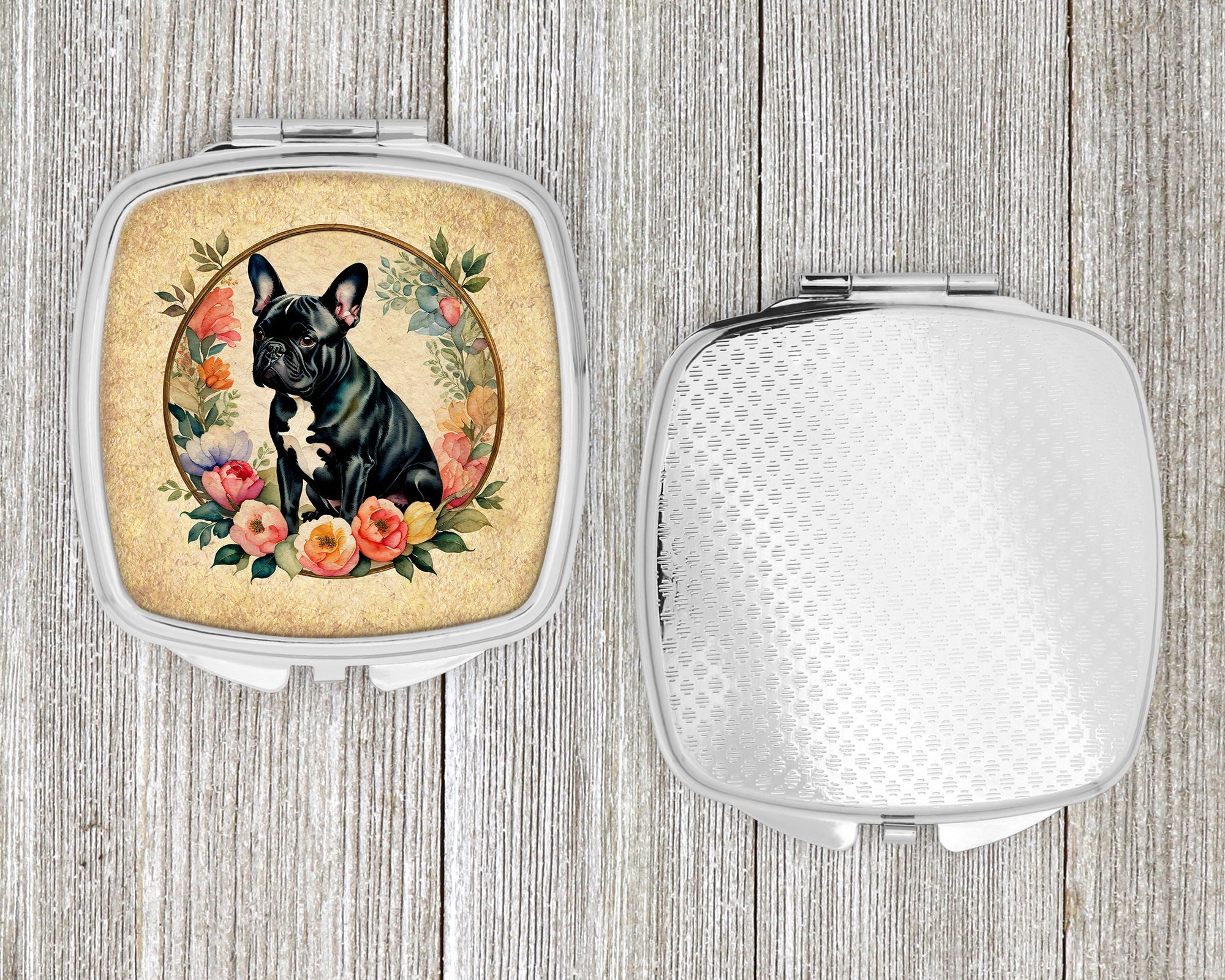 Black French Bulldog and Flowers Compact Mirror Decorative Travel Makeup Mirror for Women Girls Gifts Pocket Makeup Mirror Folding Handheld