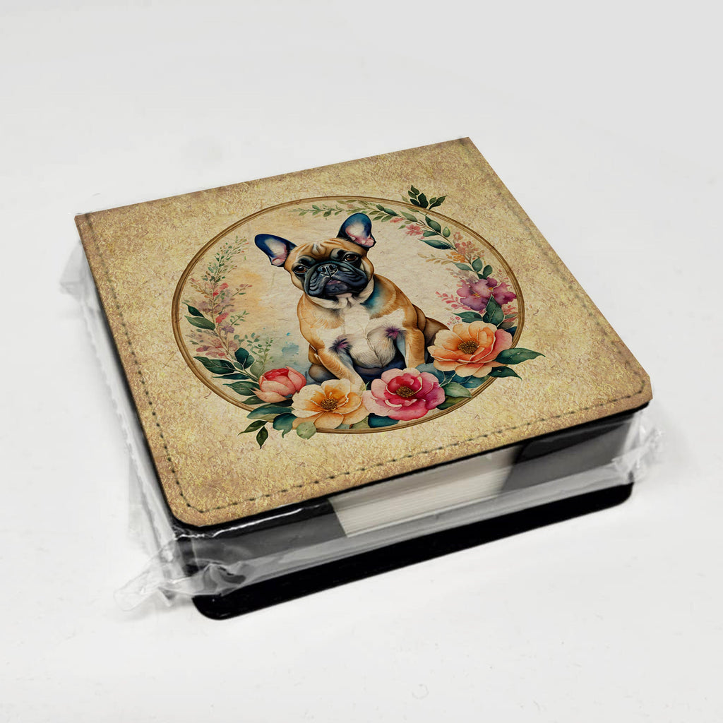 Fawn  French Bulldog and Flowers PU Leather Note Paper Holder with Artist-Designed Cover, Desk Accessory, Office Gift