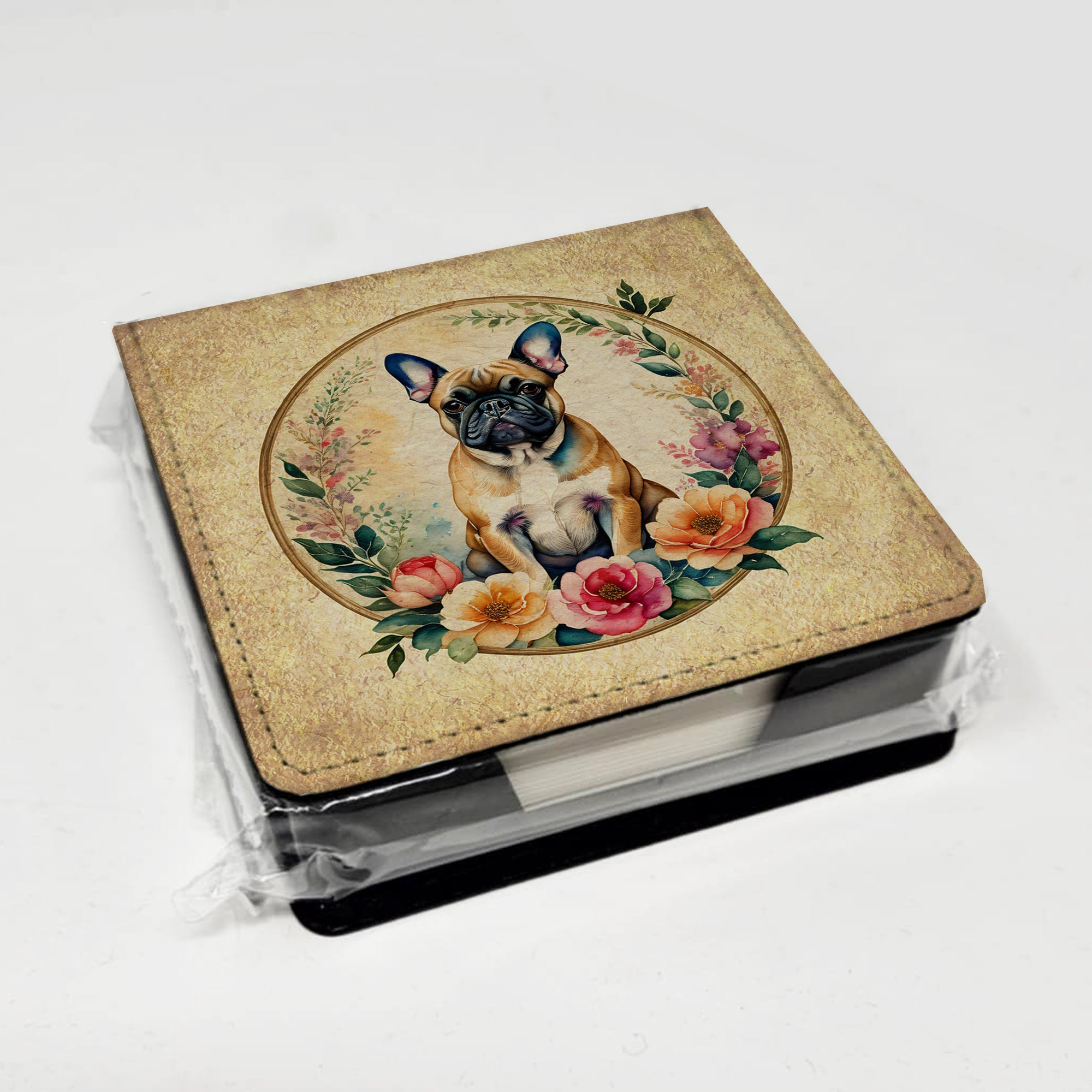 Fawn  French Bulldog and Flowers PU Leather Note Paper Holder with Artist-Designed Cover, Desk Accessory, Office Gift