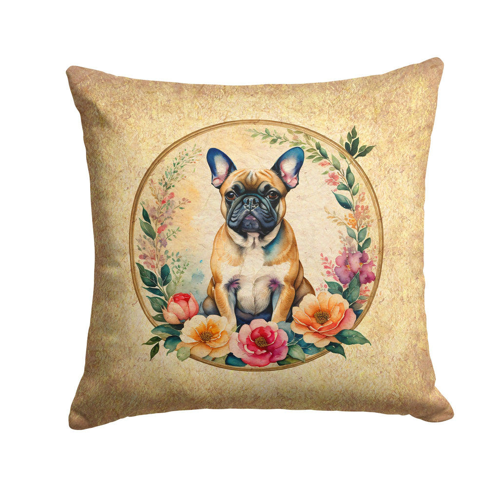 Fawn  French Bulldog and Flowers Decorative Throw Pillow 14x14 Indoor Outdoor Accent Cushion, Fabric Cover with Insert for Sofa, Bed, Porch & Living Room