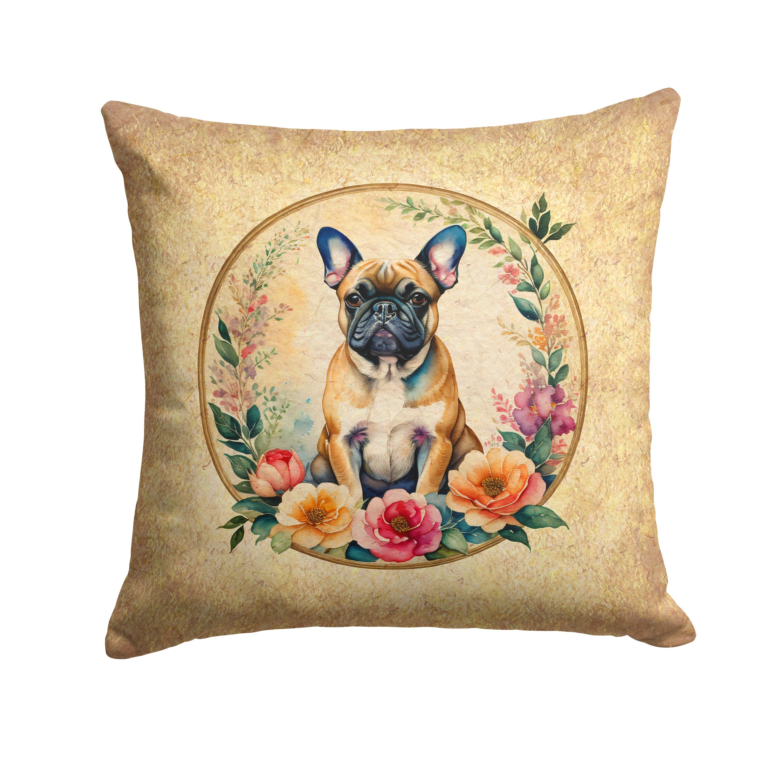 Fawn  French Bulldog and Flowers Decorative Throw Pillow 14x14 Indoor Outdoor Accent Cushion, Fabric Cover with Insert for Sofa, Bed, Porch & Living Room