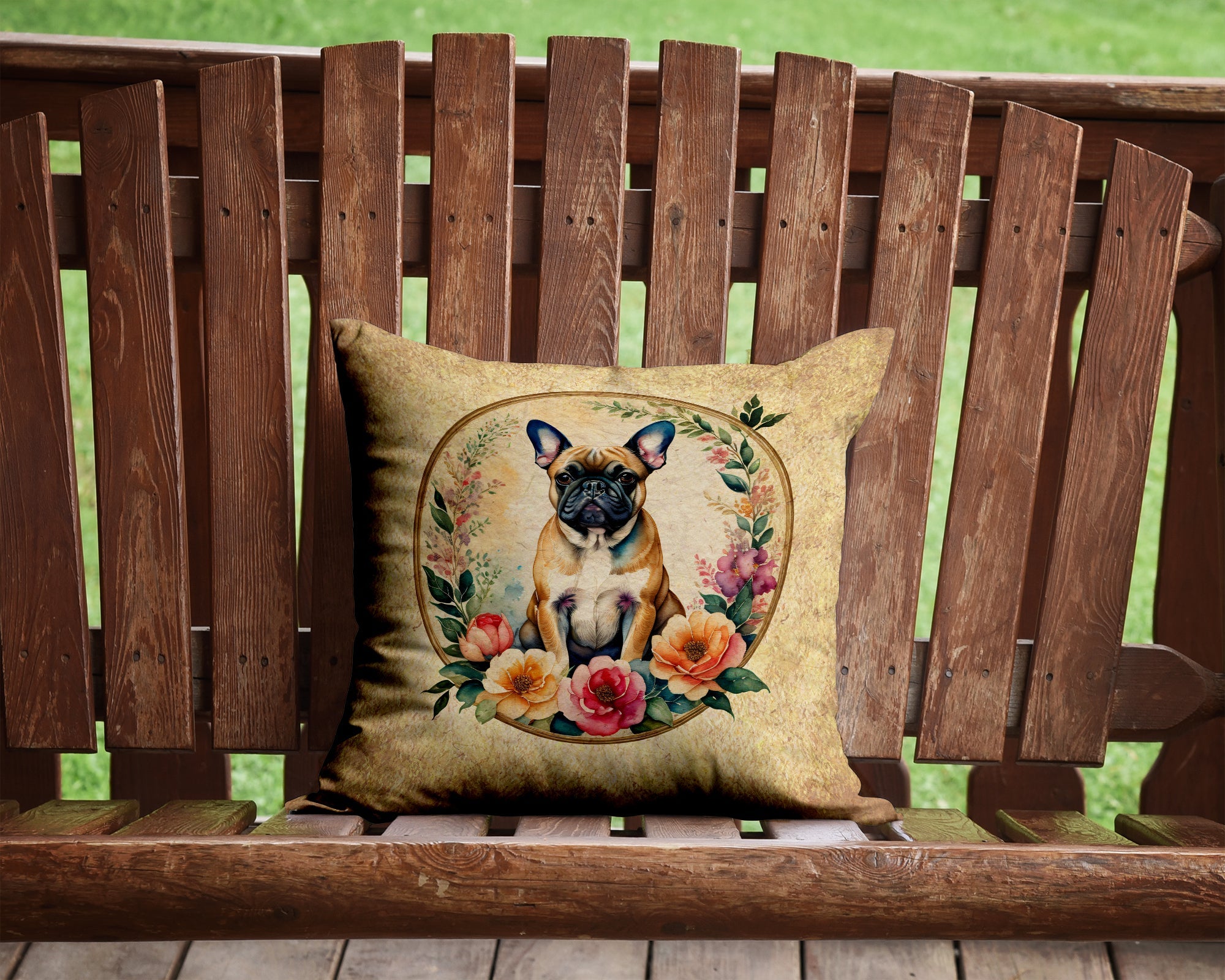 Fawn  French Bulldog and Flowers Decorative Throw Pillow 14x14 Indoor Outdoor Accent Cushion, Fabric Cover with Insert for Sofa, Bed, Porch & Living Room