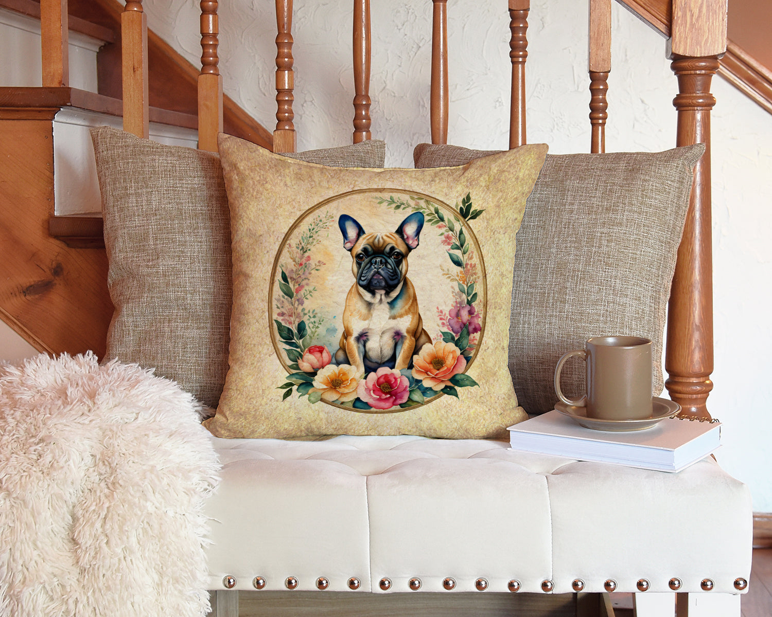 Fawn  French Bulldog and Flowers Decorative Throw Pillow 14x14 Indoor Outdoor Accent Cushion, Fabric Cover with Insert for Sofa, Bed, Porch & Living Room