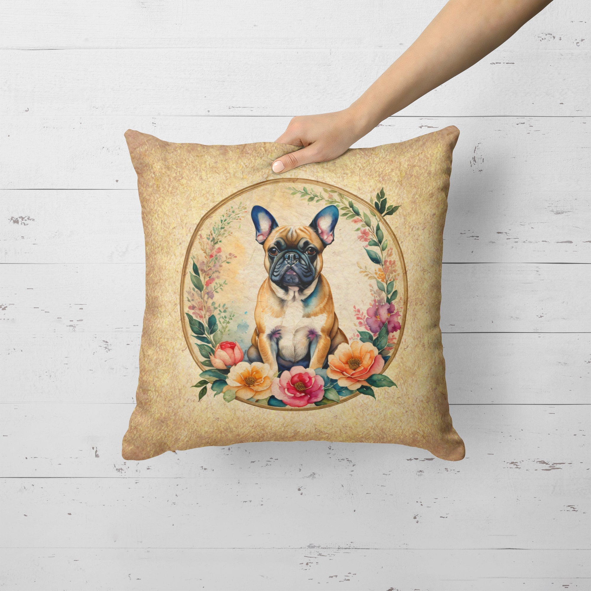 Fawn  French Bulldog and Flowers Decorative Throw Pillow 18x18 Indoor Outdoor Accent Cushion, Fabric Cover with Insert for Sofa, Bed, Porch & Living Room