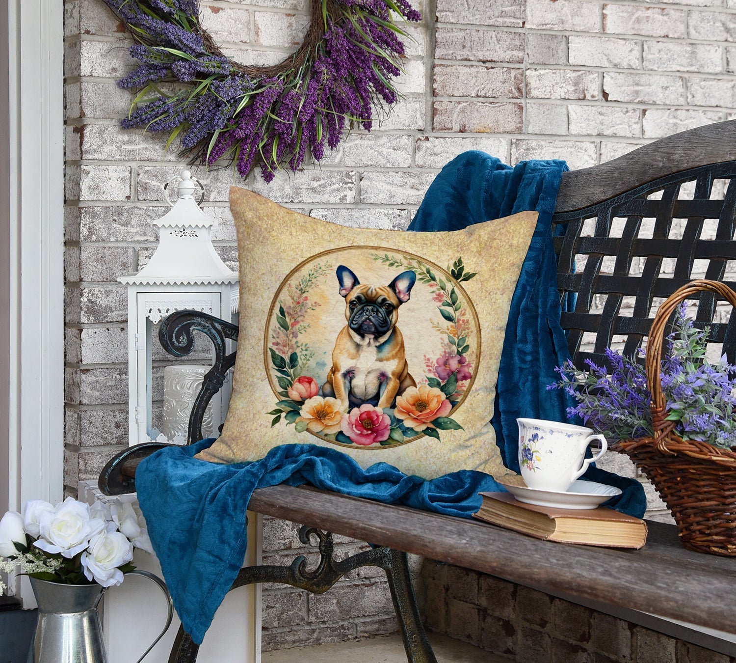 Fawn  French Bulldog and Flowers Decorative Throw Pillow 18x18 Indoor Outdoor Accent Cushion, Fabric Cover with Insert for Sofa, Bed, Porch & Living Room