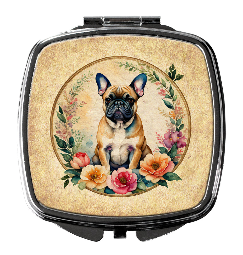 Fawn  French Bulldog and Flowers Compact Mirror Decorative Travel Makeup Mirror for Women Girls Gifts Pocket Makeup Mirror Folding Handheld