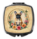 Fawn  French Bulldog and Flowers Compact Mirror Decorative Travel Makeup Mirror for Women Girls Gifts Pocket Makeup Mirror Folding Handheld