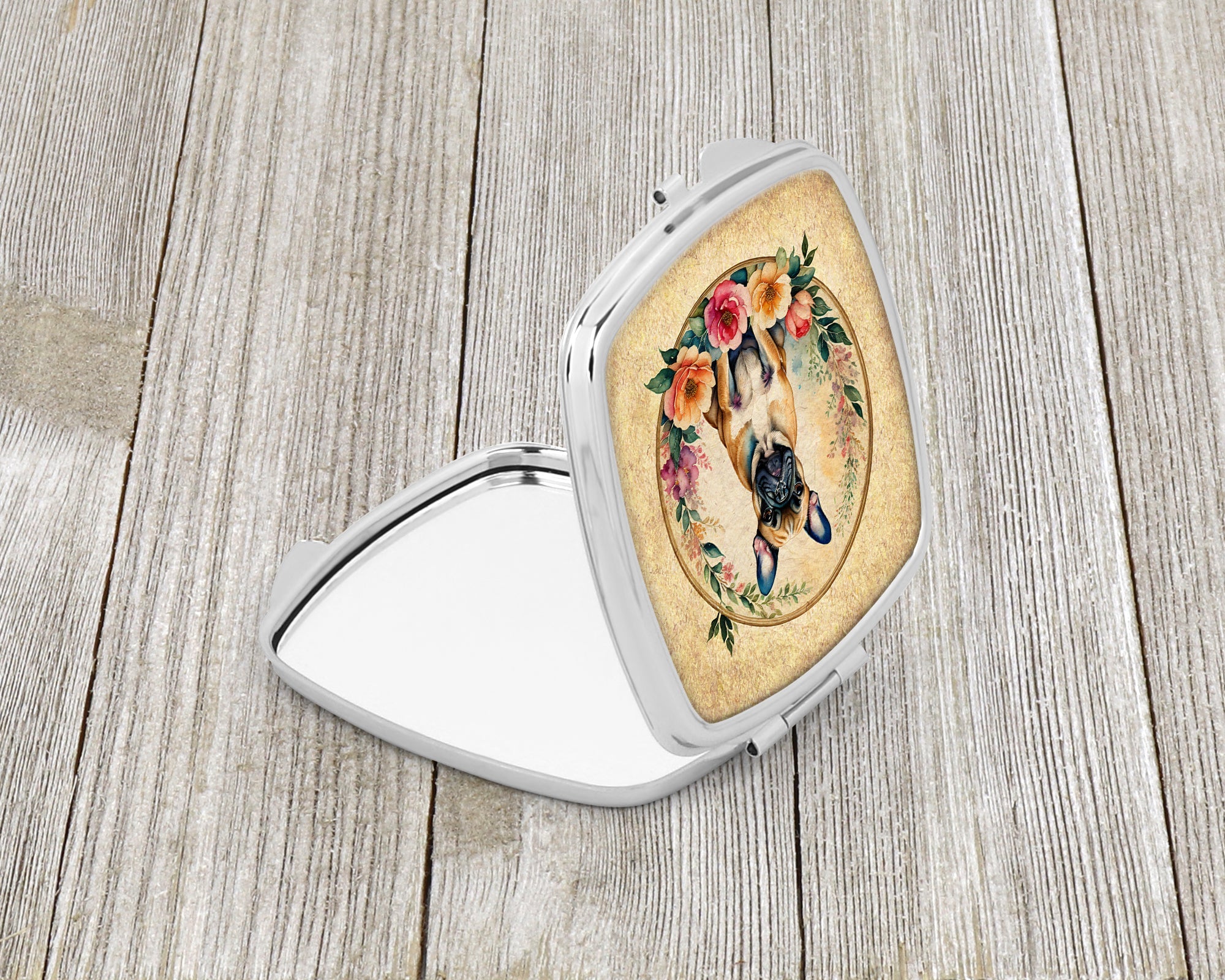 Fawn  French Bulldog and Flowers Compact Mirror Decorative Travel Makeup Mirror for Women Girls Gifts Pocket Makeup Mirror Folding Handheld