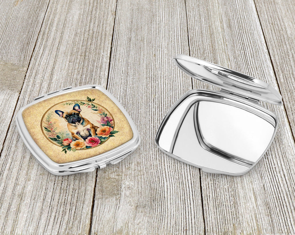 Fawn  French Bulldog and Flowers Compact Mirror Decorative Travel Makeup Mirror for Women Girls Gifts Pocket Makeup Mirror Folding Handheld