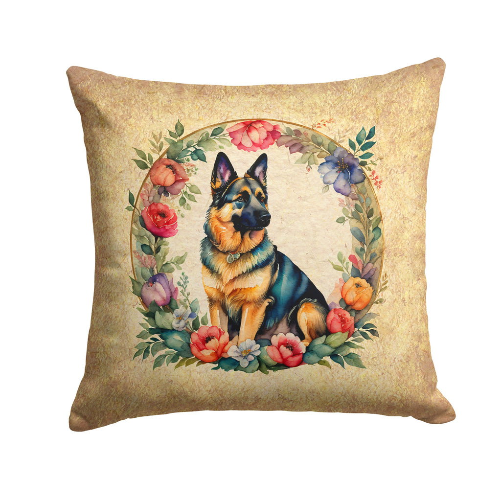 German Shepherd and Flowers Decorative Throw Pillow 14x14 Indoor Outdoor Accent Cushion, Fabric Cover with Insert for Sofa, Bed, Porch & Living Room
