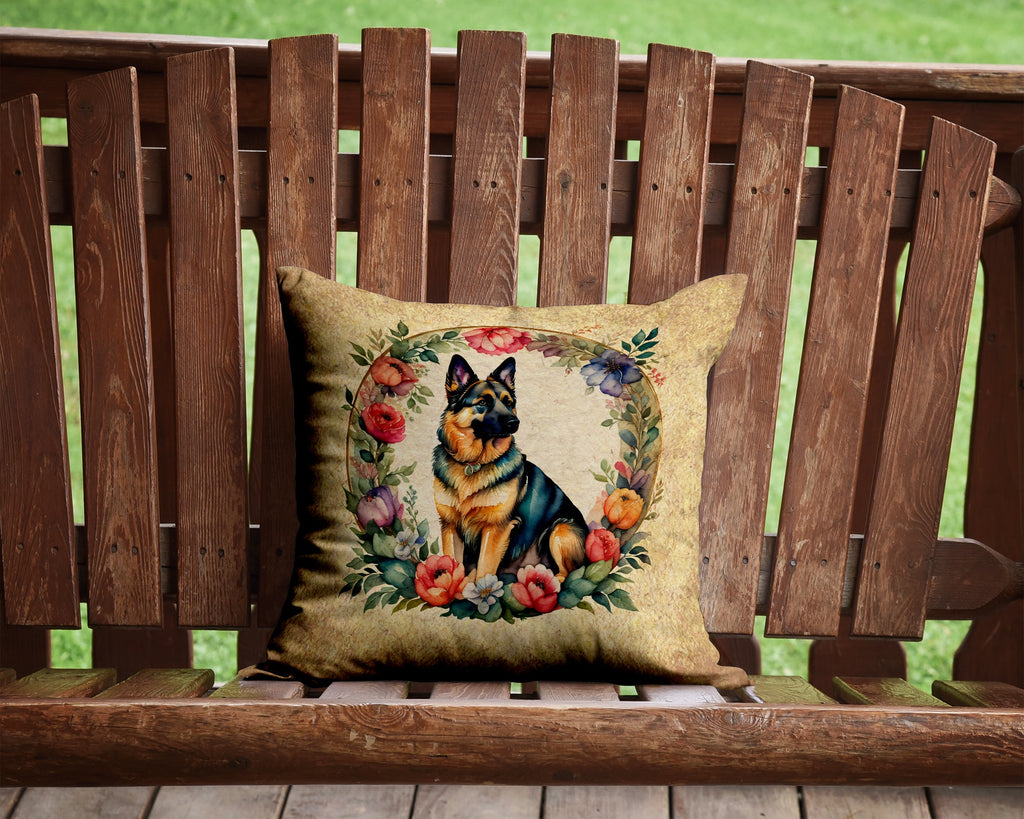 German Shepherd and Flowers Decorative Throw Pillow 14x14 Indoor Outdoor Accent Cushion, Fabric Cover with Insert for Sofa, Bed, Porch & Living Room