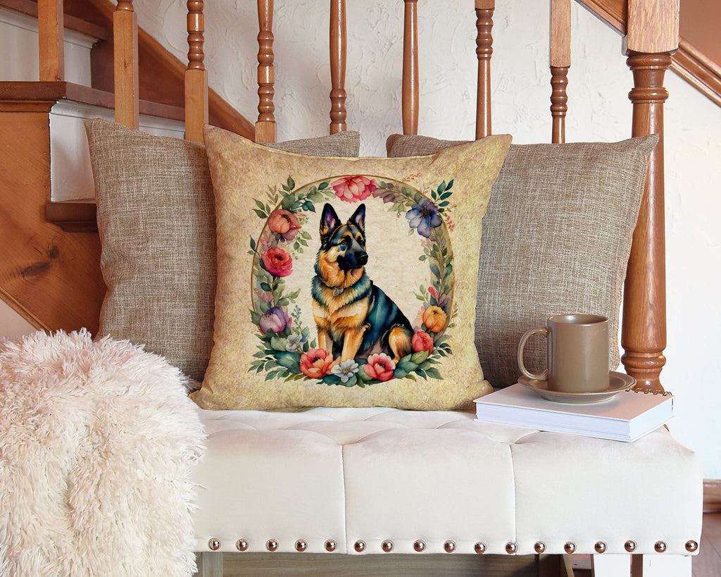 German Shepherd and Flowers Decorative Throw Pillow 14x14 Indoor Outdoor Accent Cushion, Fabric Cover with Insert for Sofa, Bed, Porch & Living Room