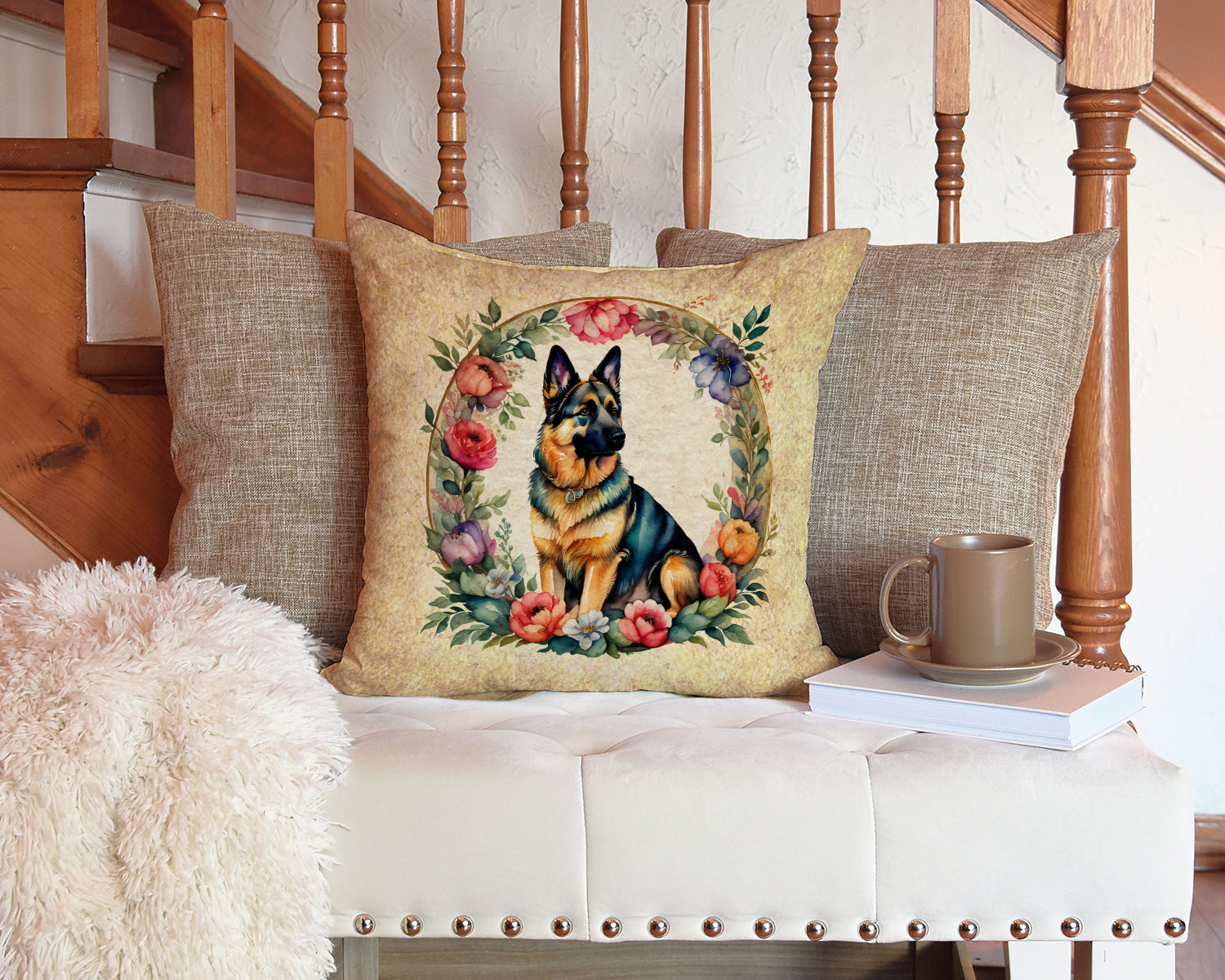 German Shepherd and Flowers Decorative Throw Pillow 14x14 Indoor Outdoor Accent Cushion, Fabric Cover with Insert for Sofa, Bed, Porch & Living Room