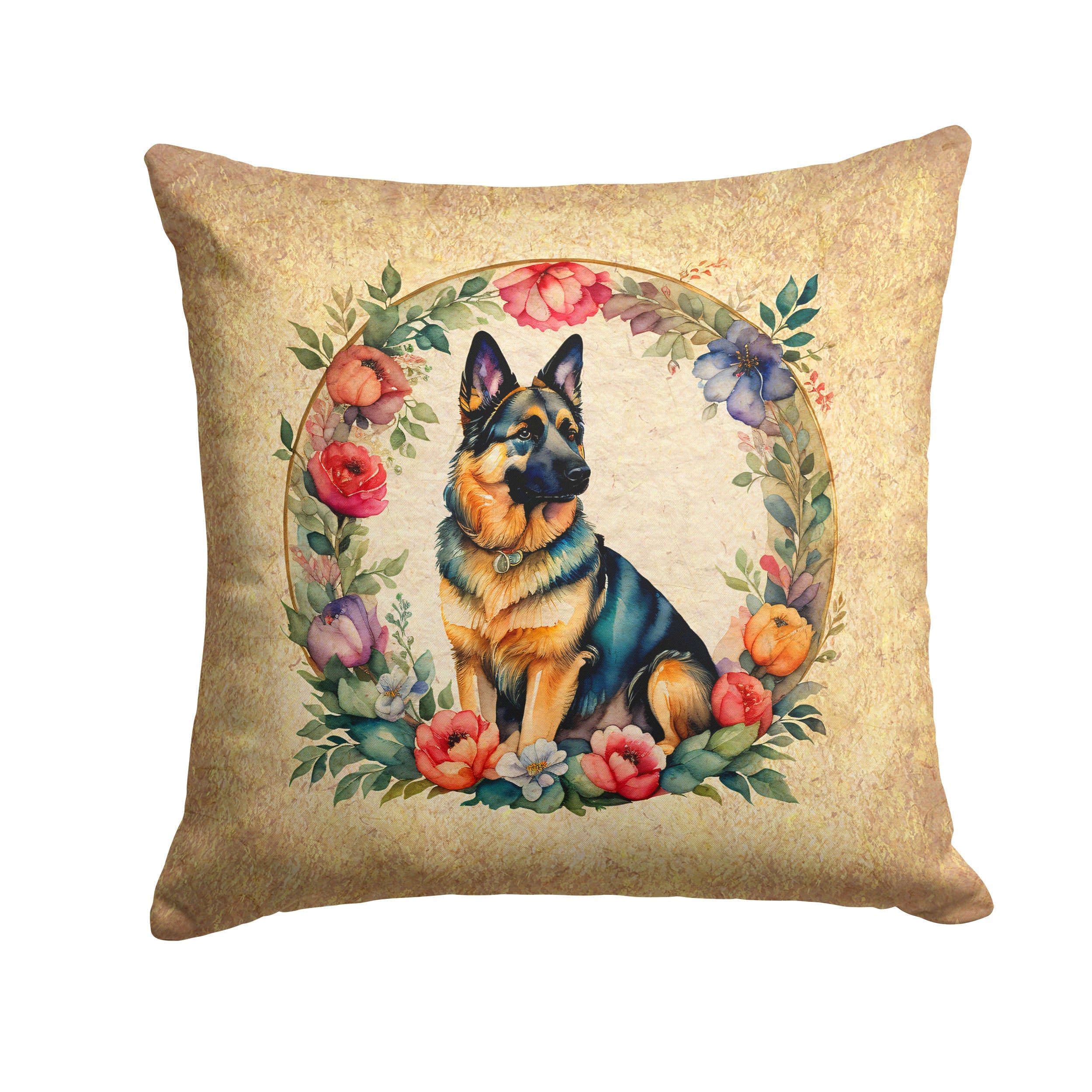 German Shepherd and Flowers Decorative Throw Pillow 18x18 Indoor Outdoor Accent Cushion, Fabric Cover with Insert for Sofa, Bed, Porch & Living Room