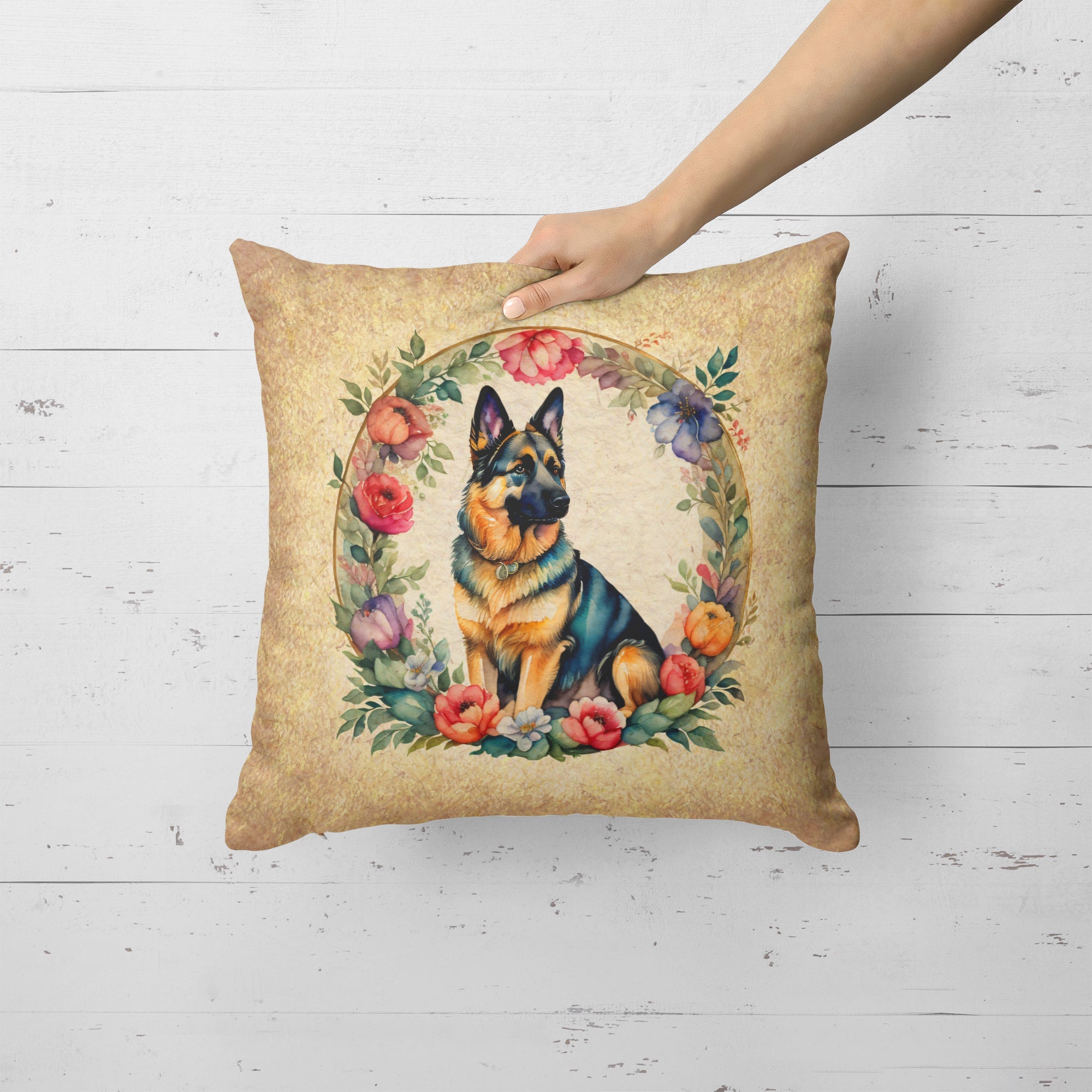German Shepherd and Flowers Decorative Throw Pillow 18x18 Indoor Outdoor Accent Cushion, Fabric Cover with Insert for Sofa, Bed, Porch & Living Room