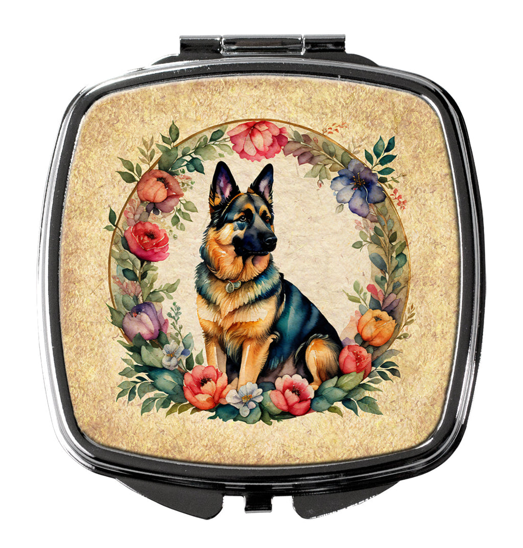 German Shepherd and Flowers Compact Mirror Decorative Travel Makeup Mirror for Women Girls Gifts Pocket Makeup Mirror Folding Handheld