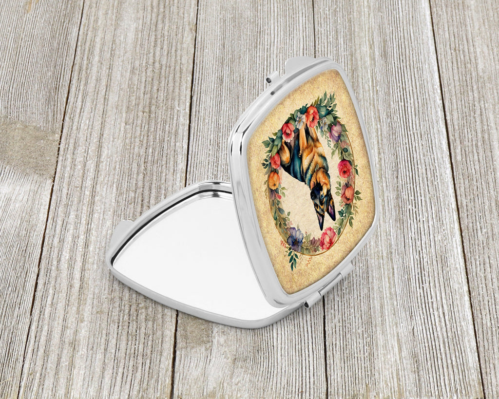 German Shepherd and Flowers Compact Mirror Decorative Travel Makeup Mirror for Women Girls Gifts Pocket Makeup Mirror Folding Handheld