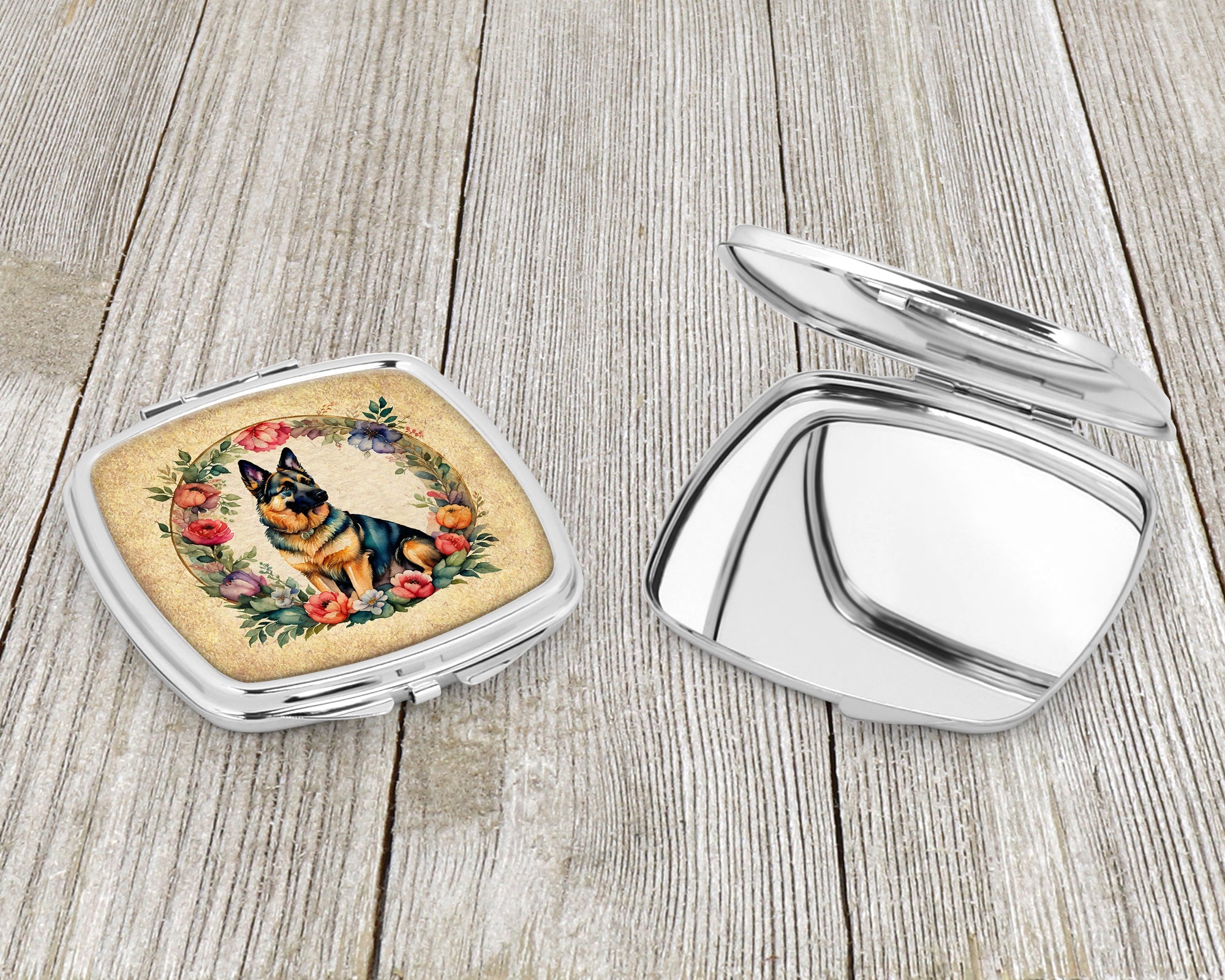 German Shepherd and Flowers Compact Mirror Decorative Travel Makeup Mirror for Women Girls Gifts Pocket Makeup Mirror Folding Handheld