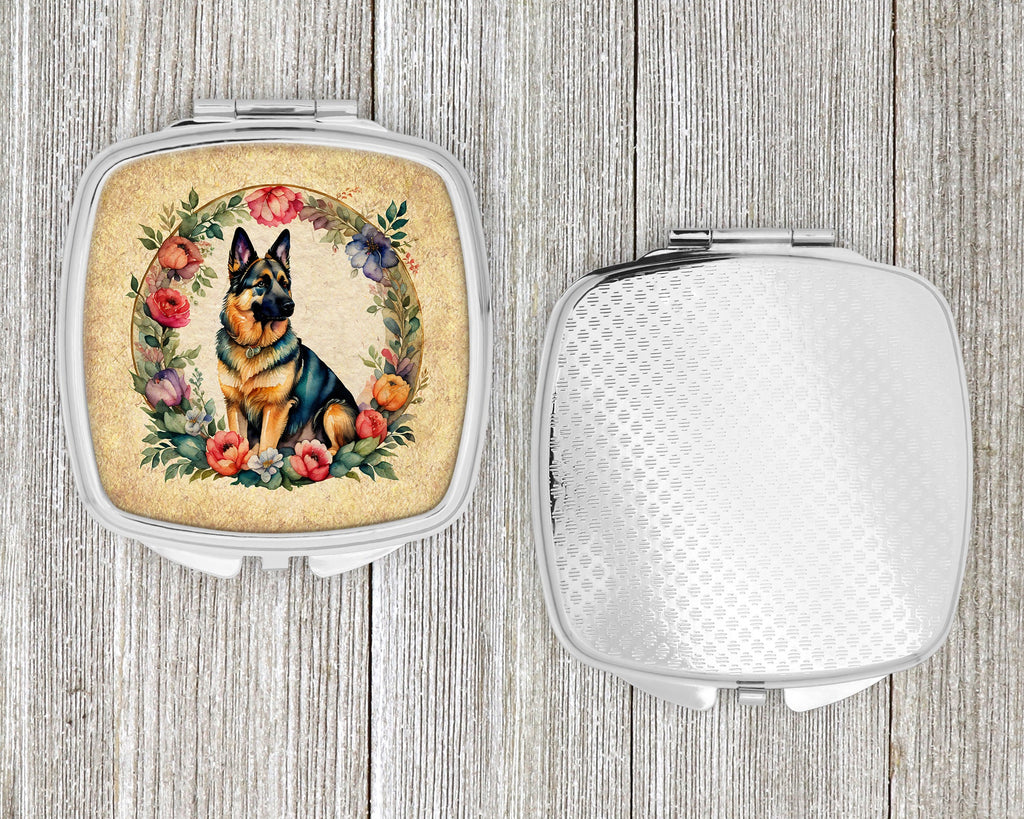 German Shepherd and Flowers Compact Mirror Decorative Travel Makeup Mirror for Women Girls Gifts Pocket Makeup Mirror Folding Handheld