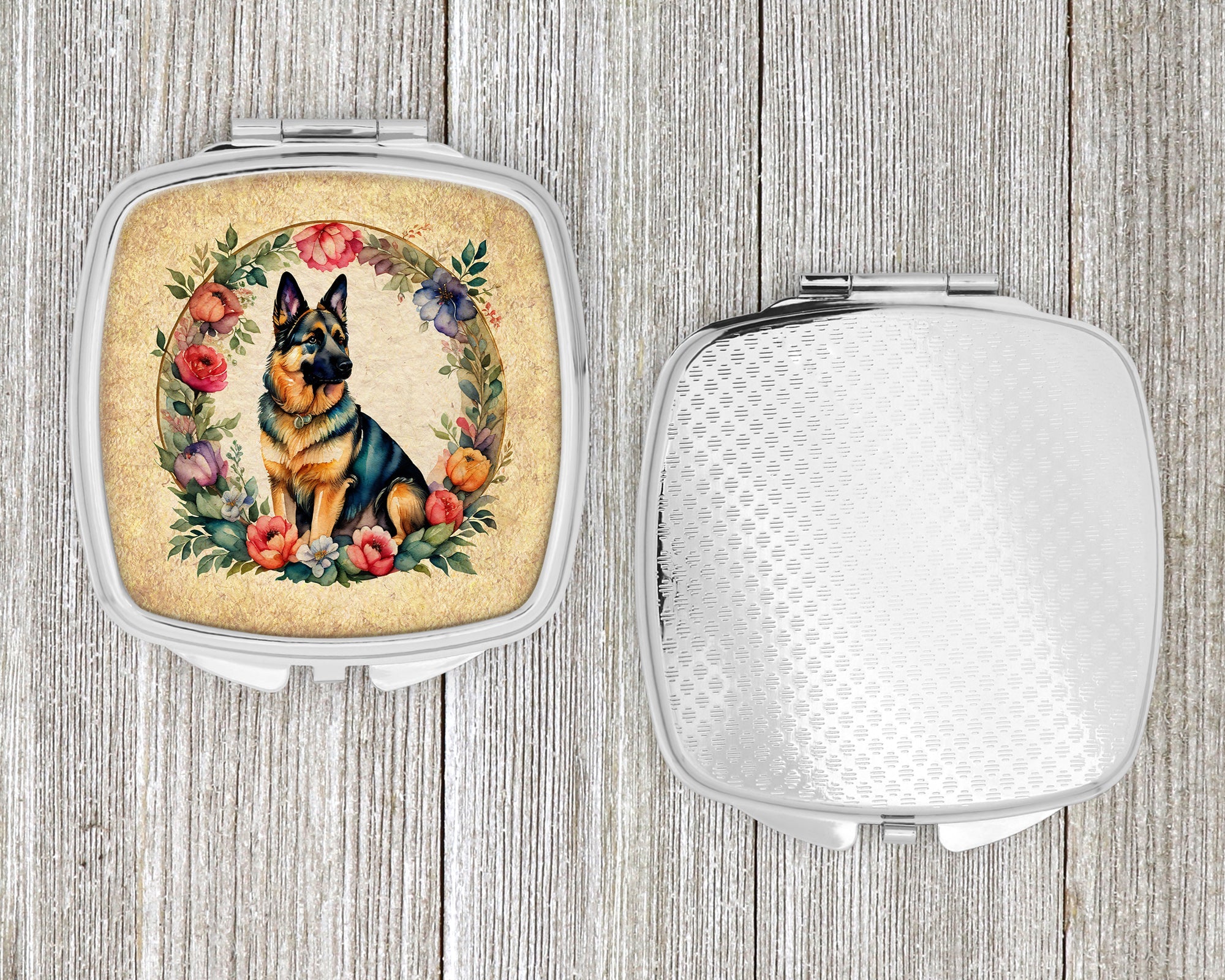 German Shepherd and Flowers Compact Mirror Decorative Travel Makeup Mirror for Women Girls Gifts Pocket Makeup Mirror Folding Handheld