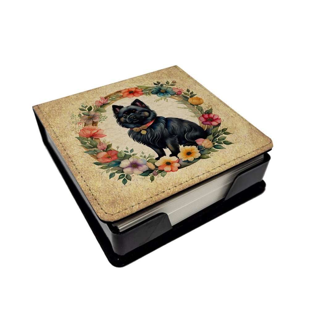 German Spitz and Flowers PU Leather Note Paper Holder with Artist-Designed Cover, Desk Accessory, Office Gift