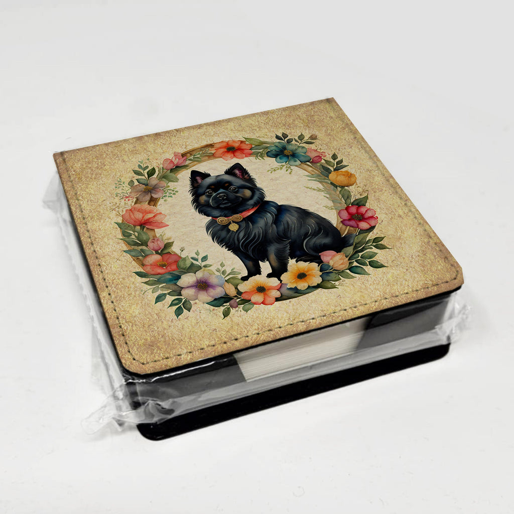 German Spitz and Flowers PU Leather Note Paper Holder with Artist-Designed Cover, Desk Accessory, Office Gift