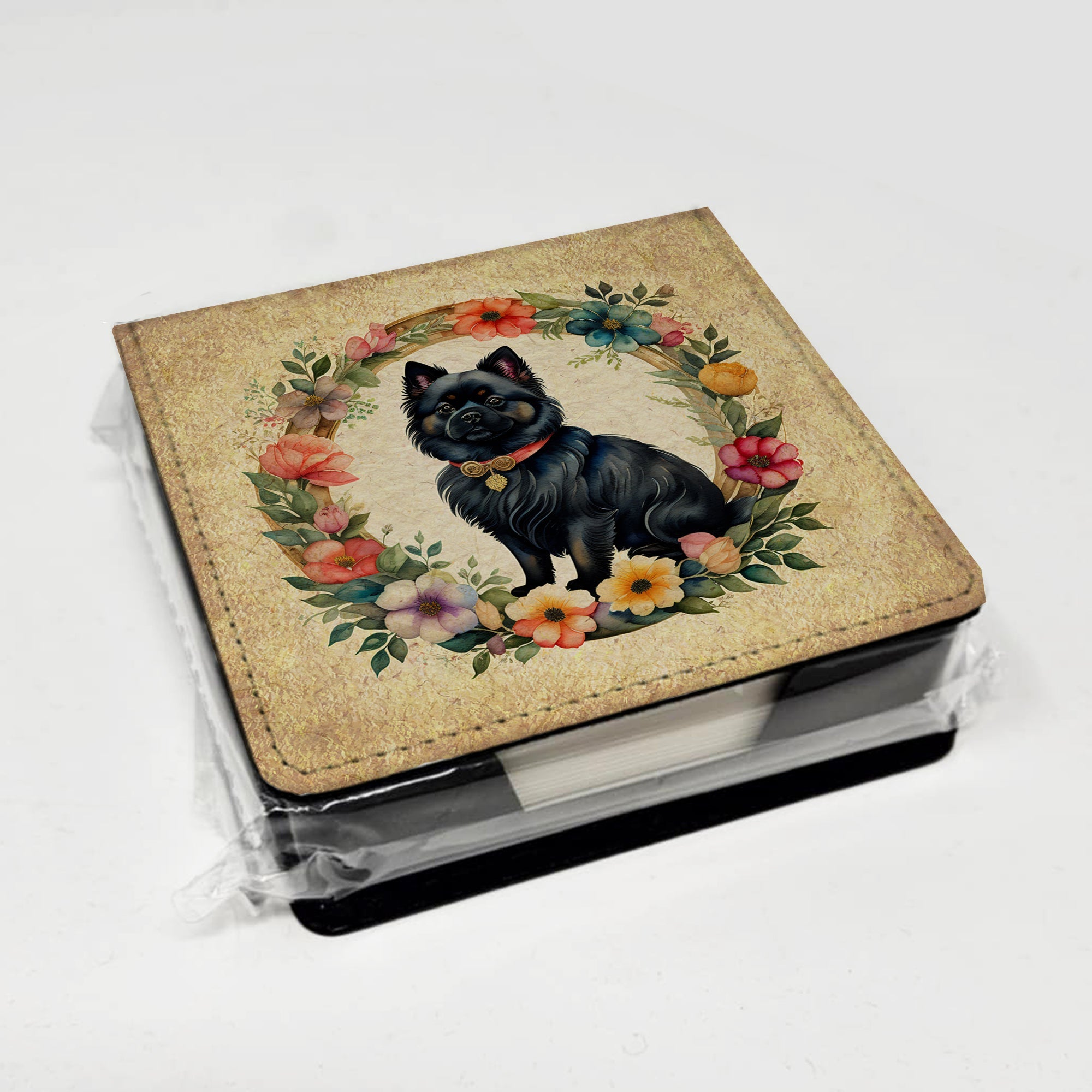 German Spitz and Flowers PU Leather Note Paper Holder with Artist-Designed Cover, Desk Accessory, Office Gift