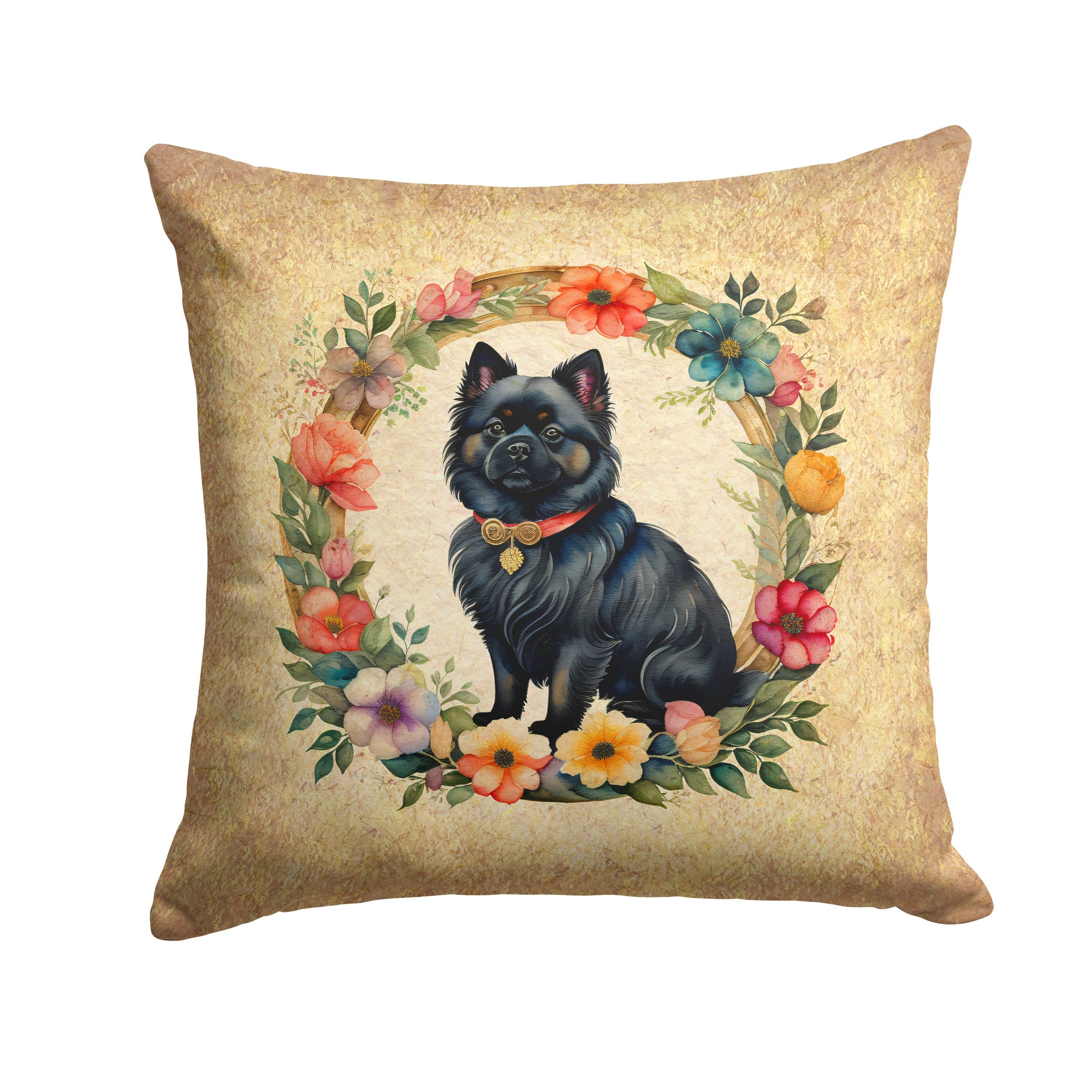German Spitz and Flowers Decorative Throw Pillow 14x14 Indoor Outdoor Accent Cushion, Fabric Cover with Insert for Sofa, Bed, Porch & Living Room