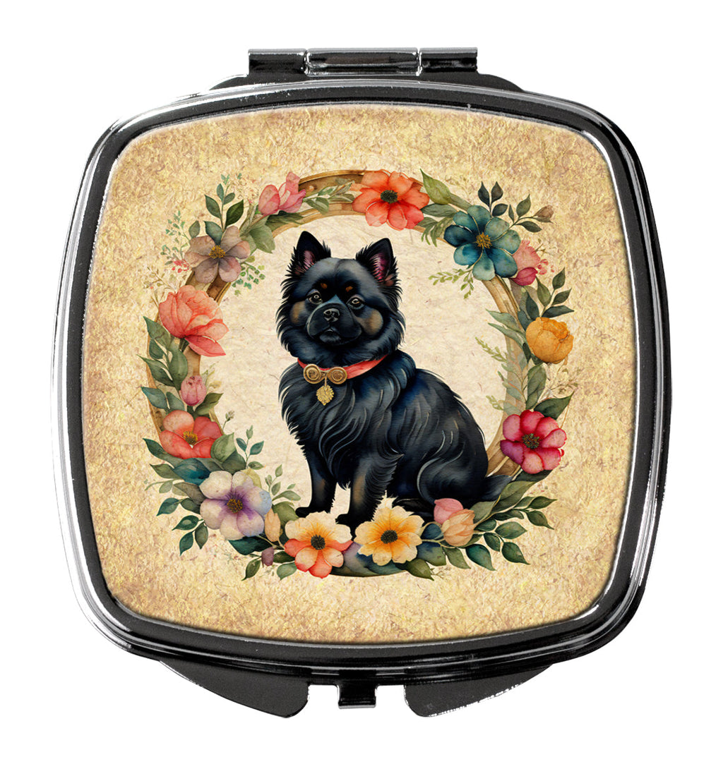 German Spitz and Flowers Compact Mirror Decorative Travel Makeup Mirror for Women Girls Gifts Pocket Makeup Mirror Folding Handheld