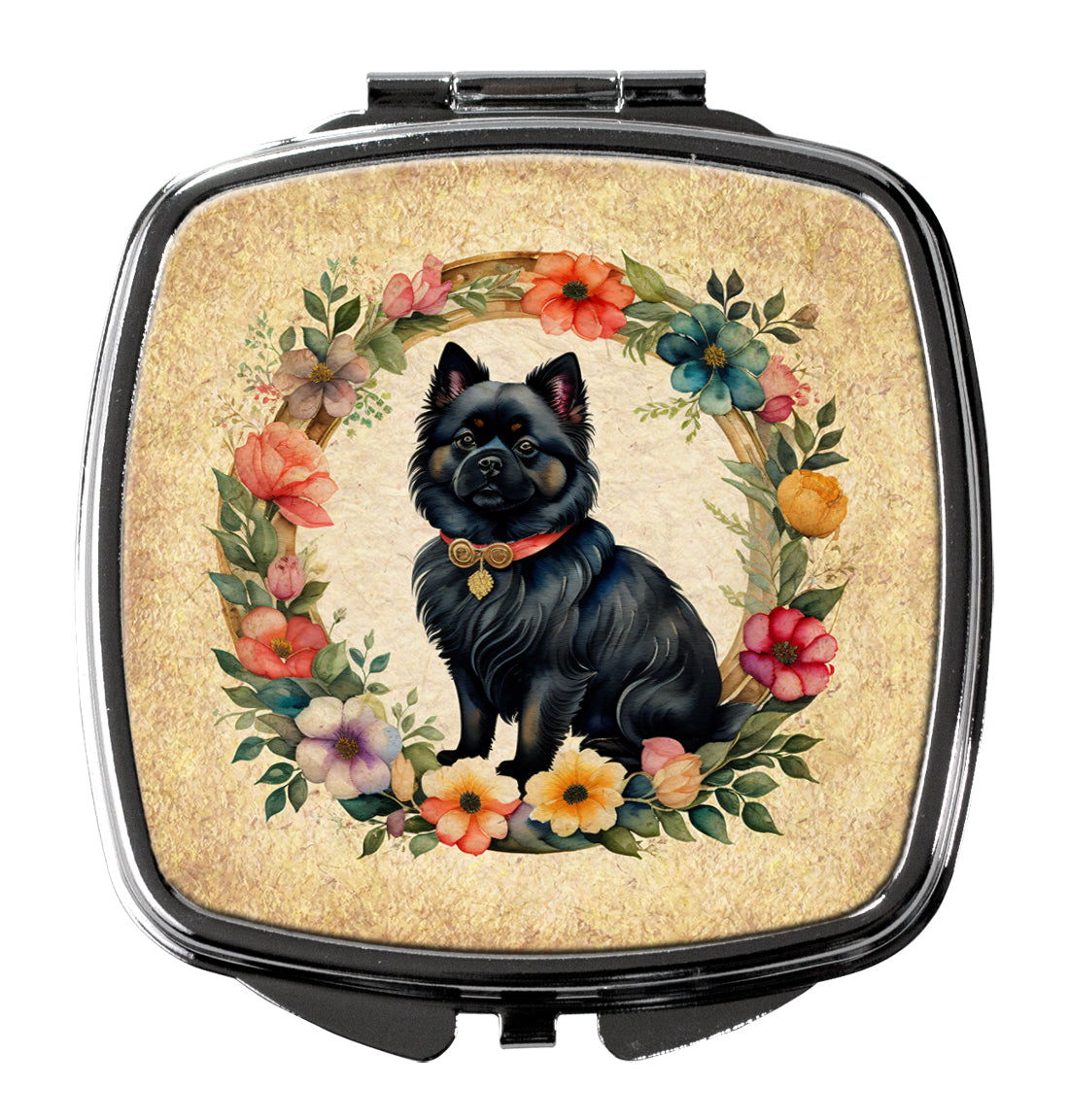 German Spitz and Flowers Compact Mirror Decorative Travel Makeup Mirror for Women Girls Gifts Pocket Makeup Mirror Folding Handheld