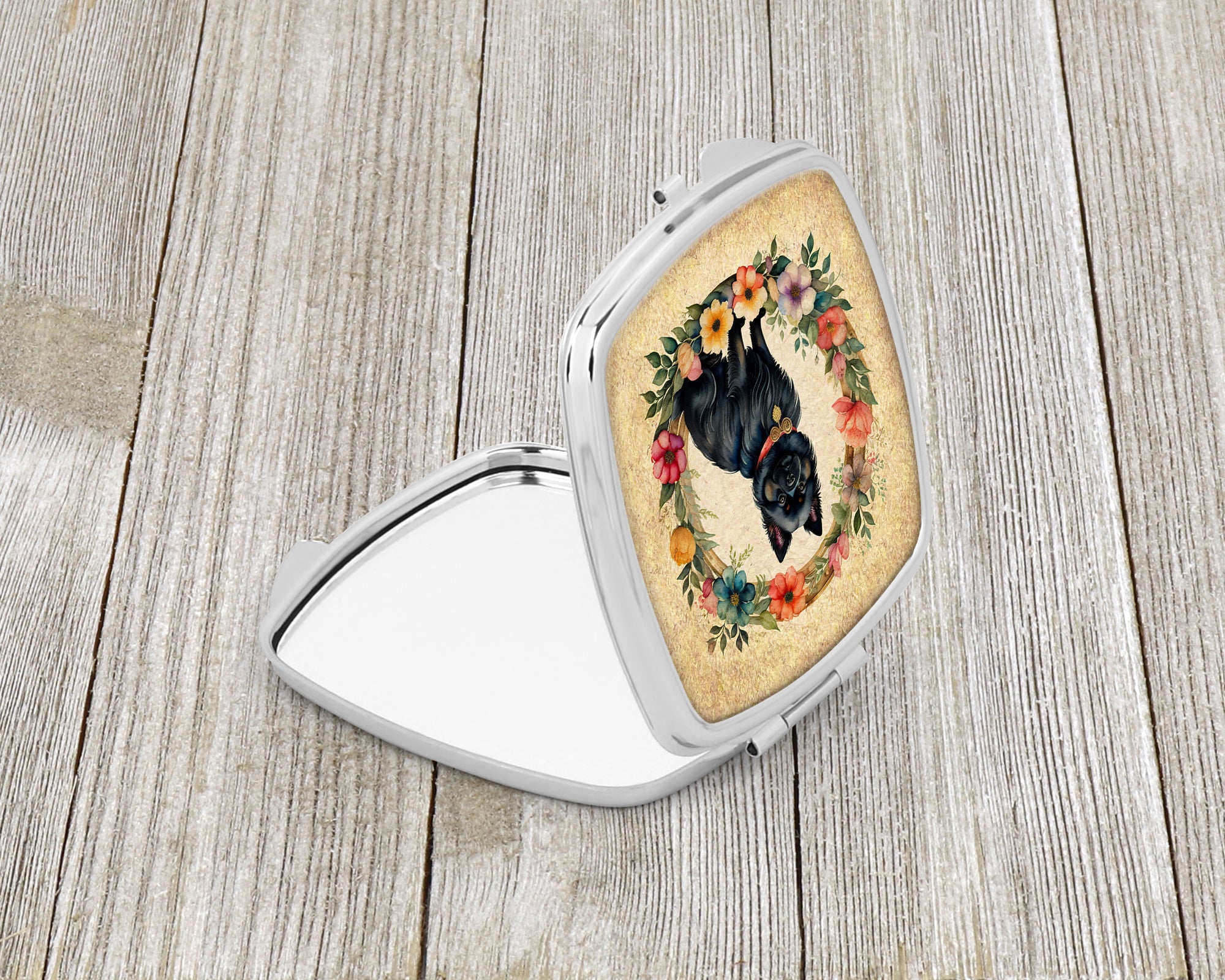 German Spitz and Flowers Compact Mirror Decorative Travel Makeup Mirror for Women Girls Gifts Pocket Makeup Mirror Folding Handheld