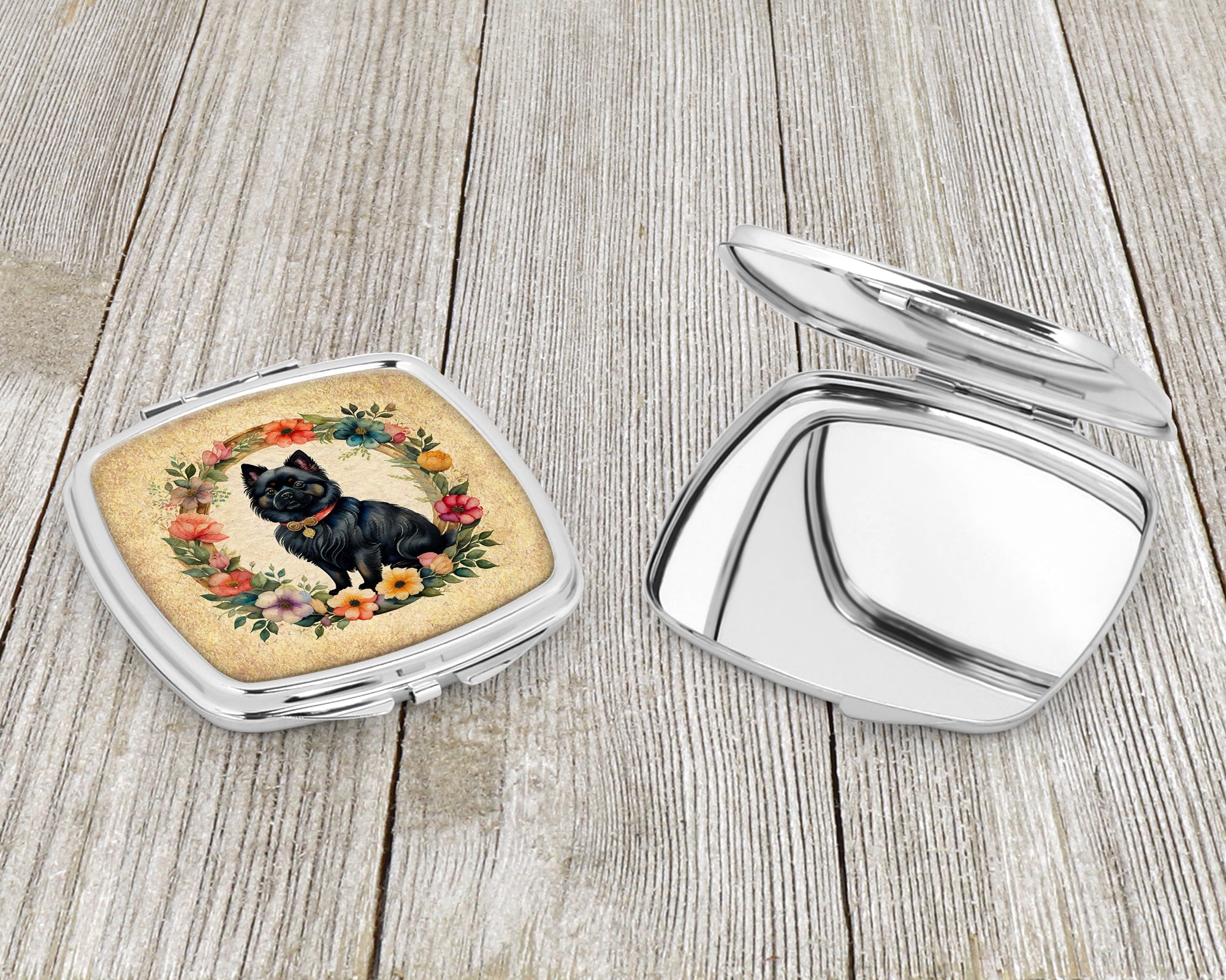 German Spitz and Flowers Compact Mirror Decorative Travel Makeup Mirror for Women Girls Gifts Pocket Makeup Mirror Folding Handheld