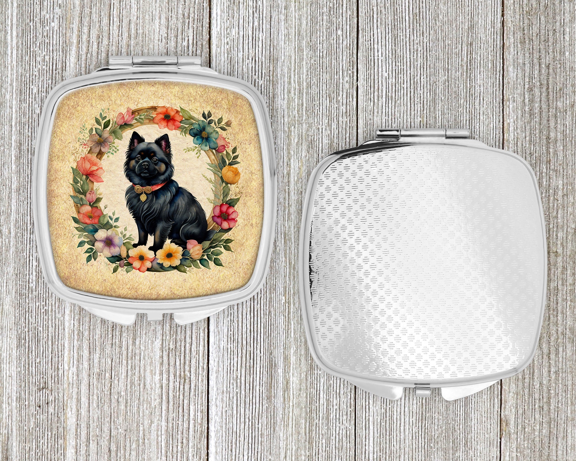German Spitz and Flowers Compact Mirror Decorative Travel Makeup Mirror for Women Girls Gifts Pocket Makeup Mirror Folding Handheld