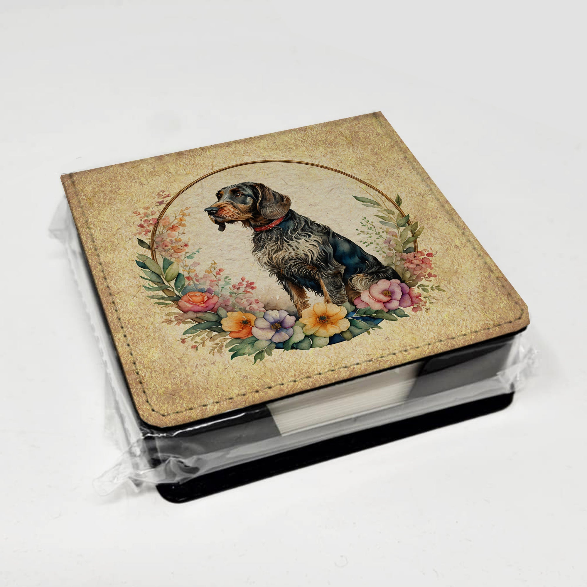 German Wirehaired Pointer and Flowers PU Leather Note Paper Holder with Artist-Designed Cover, Desk Accessory, Office Gift