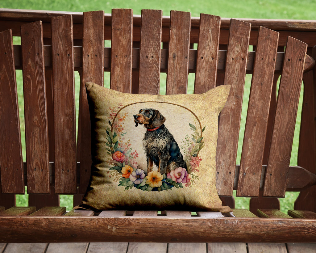 German Wirehaired Pointer and Flowers Decorative Throw Pillow 14x14 Indoor Outdoor Accent Cushion, Fabric Cover with Insert for Sofa, Bed, Porch & Living Room