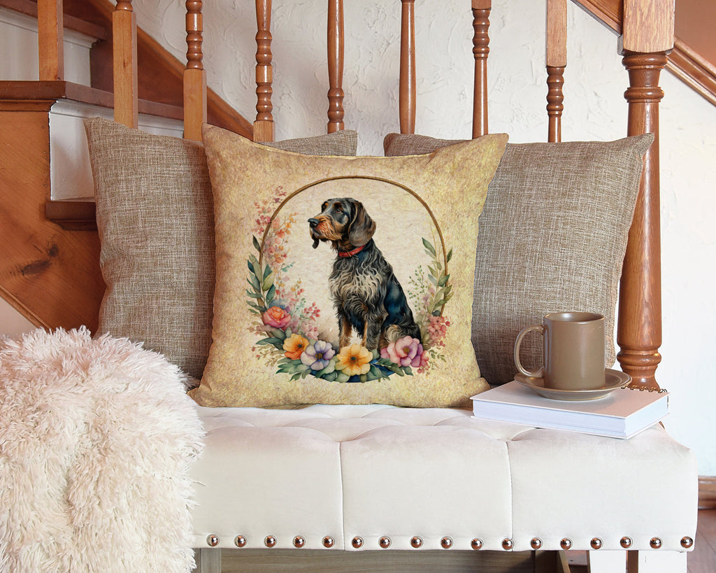 German Wirehaired Pointer and Flowers Decorative Throw Pillow 14x14 Indoor Outdoor Accent Cushion, Fabric Cover with Insert for Sofa, Bed, Porch & Living Room
