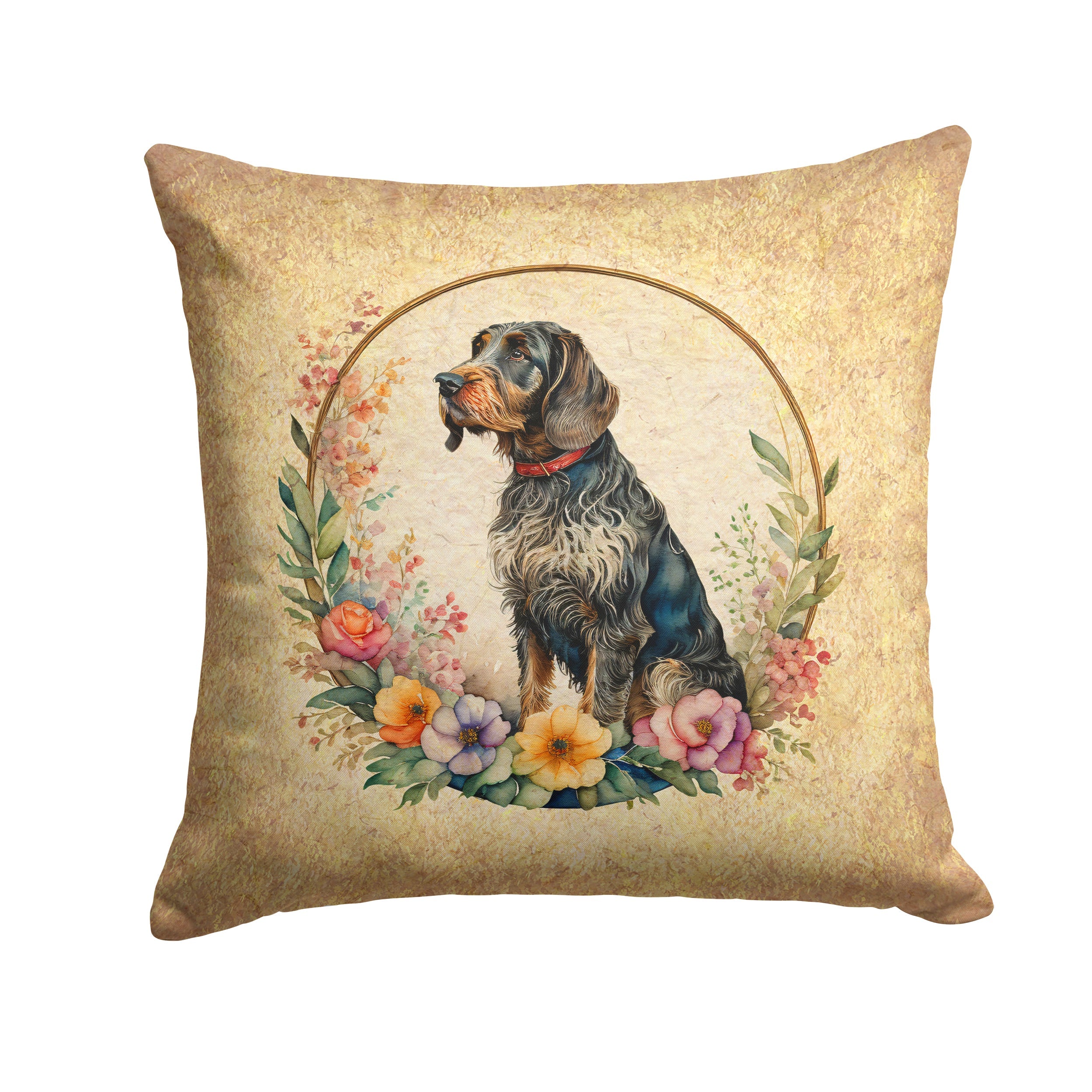 German Wirehaired Pointer and Flowers Decorative Throw Pillow 18x18 Indoor Outdoor Accent Cushion, Fabric Cover with Insert for Sofa, Bed, Porch & Living Room