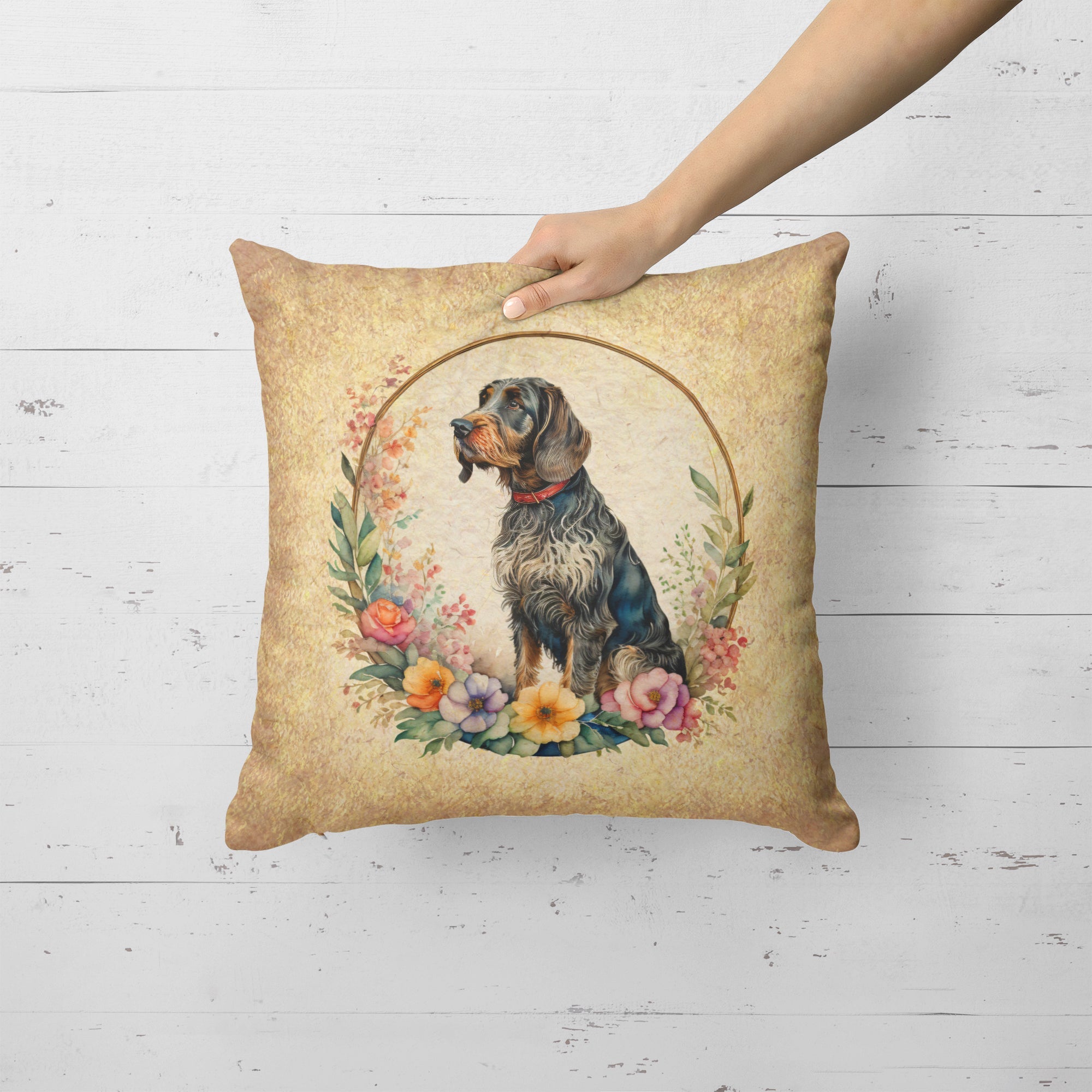 German Wirehaired Pointer and Flowers Decorative Throw Pillow 18x18 Indoor Outdoor Accent Cushion, Fabric Cover with Insert for Sofa, Bed, Porch & Living Room