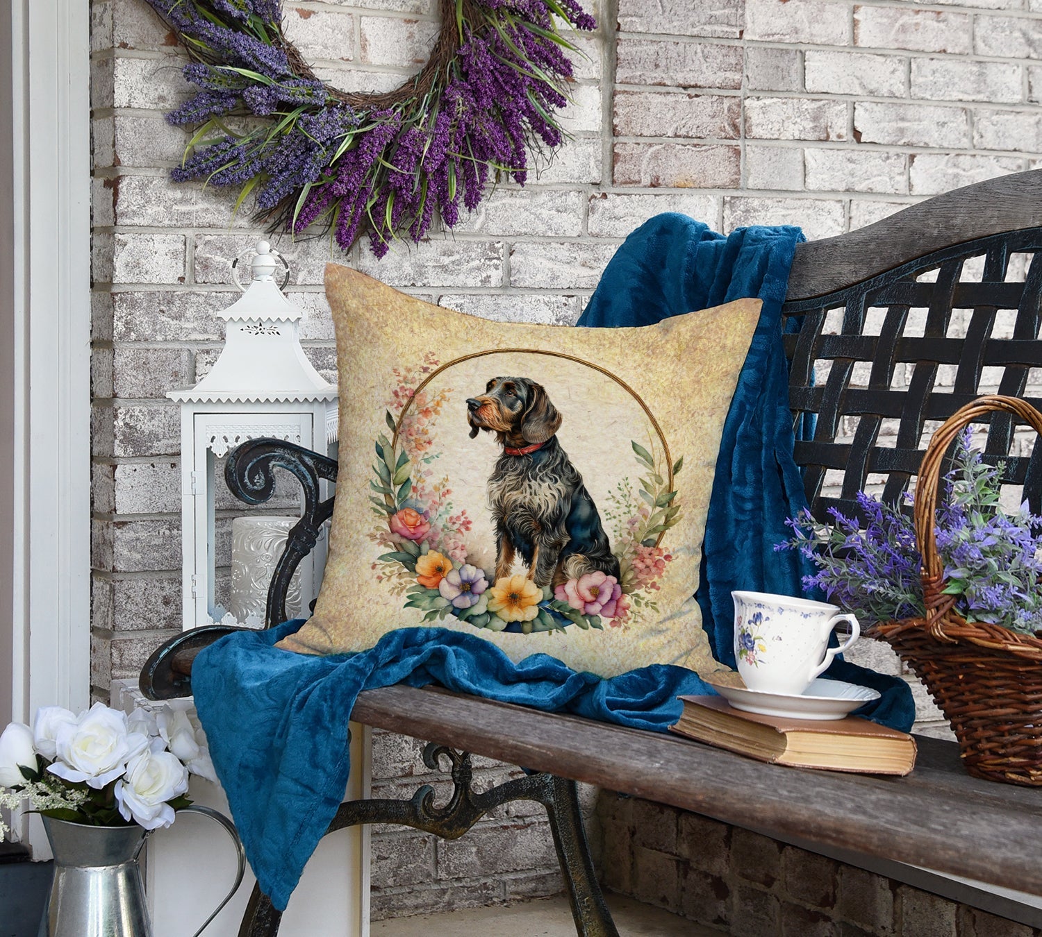 German Wirehaired Pointer and Flowers Decorative Throw Pillow 18x18 Indoor Outdoor Accent Cushion, Fabric Cover with Insert for Sofa, Bed, Porch & Living Room