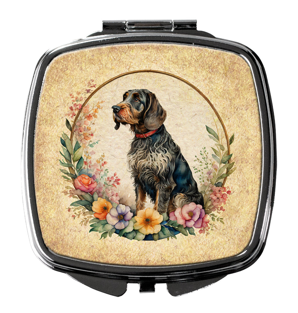 German Wirehaired Pointer and Flowers Compact Mirror Decorative Travel Makeup Mirror for Women Girls Gifts Pocket Makeup Mirror Folding Handheld