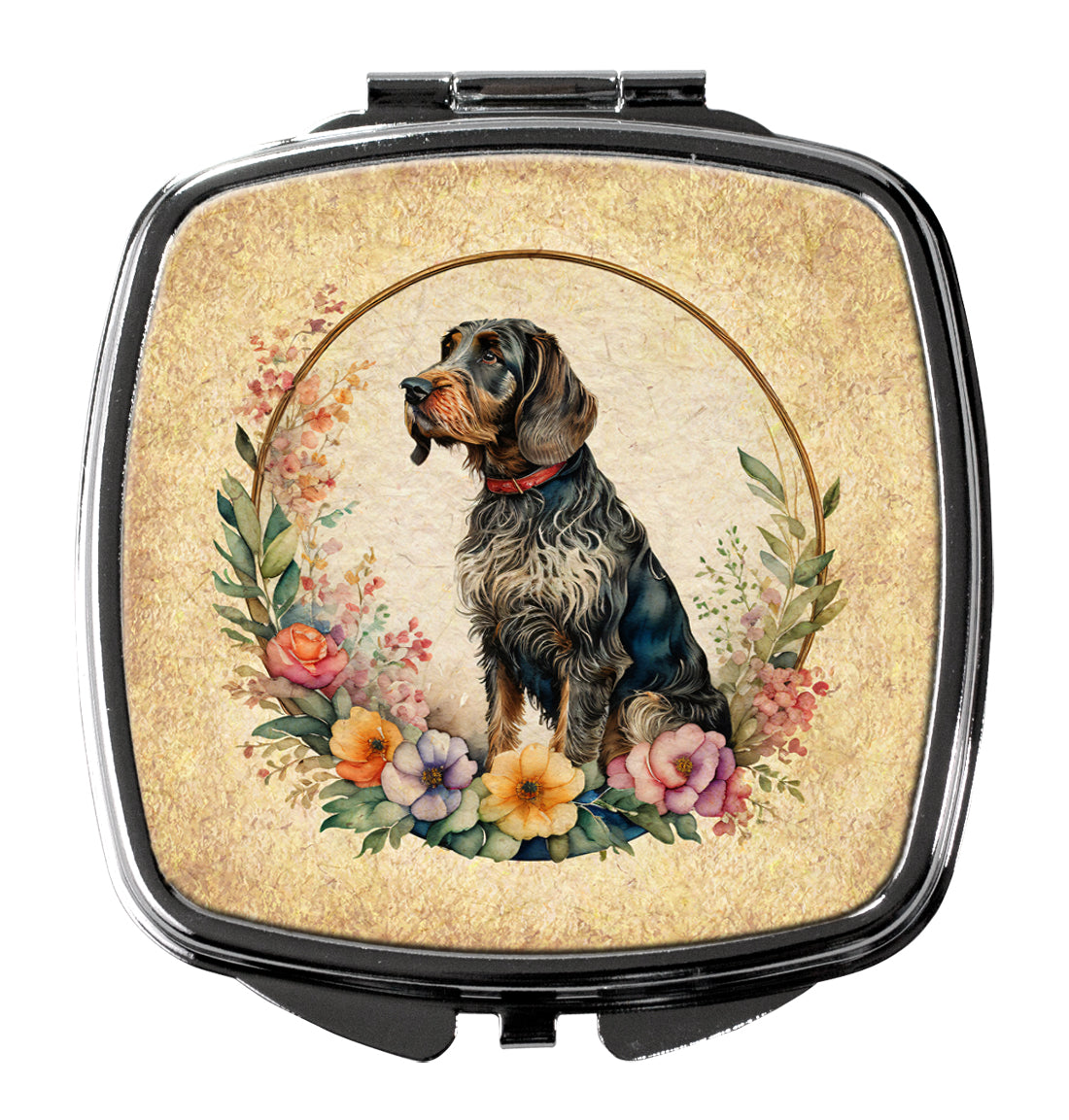 German Wirehaired Pointer and Flowers Compact Mirror Decorative Travel Makeup Mirror for Women Girls Gifts Pocket Makeup Mirror Folding Handheld