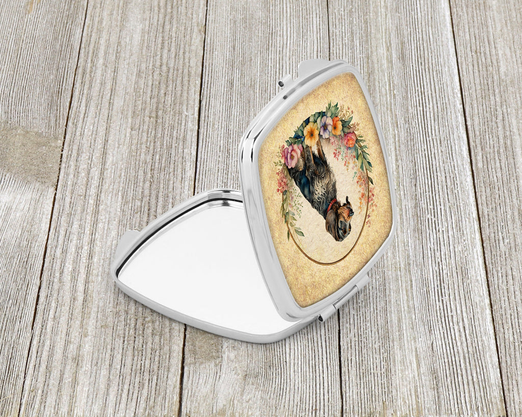 German Wirehaired Pointer and Flowers Compact Mirror Decorative Travel Makeup Mirror for Women Girls Gifts Pocket Makeup Mirror Folding Handheld