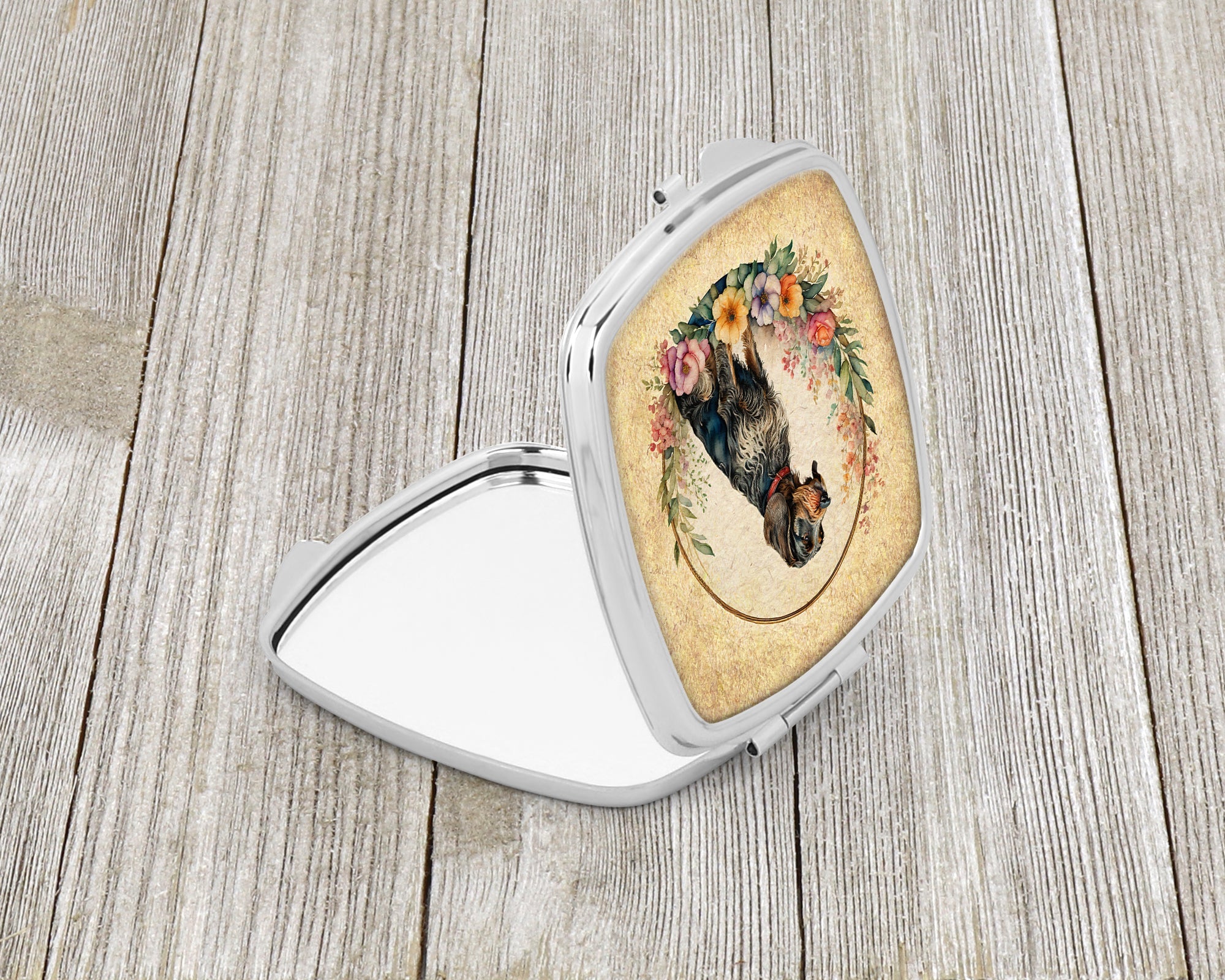 German Wirehaired Pointer and Flowers Compact Mirror Decorative Travel Makeup Mirror for Women Girls Gifts Pocket Makeup Mirror Folding Handheld