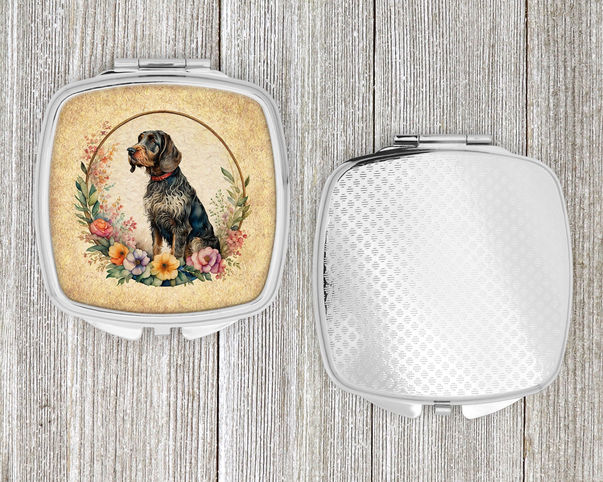 German Wirehaired Pointer and Flowers Compact Mirror Decorative Travel Makeup Mirror for Women Girls Gifts Pocket Makeup Mirror Folding Handheld