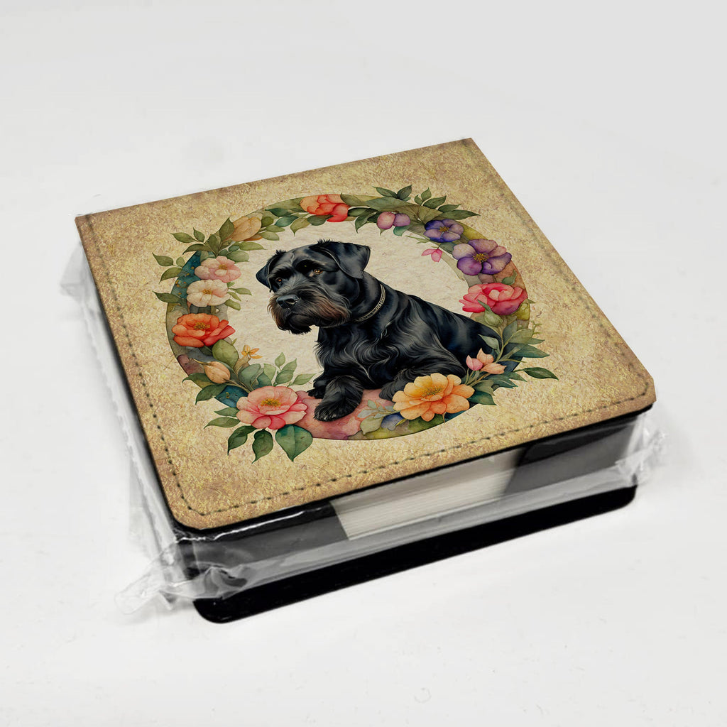 Giant Schnauzer and Flowers PU Leather Note Paper Holder with Artist-Designed Cover, Desk Accessory, Office Gift