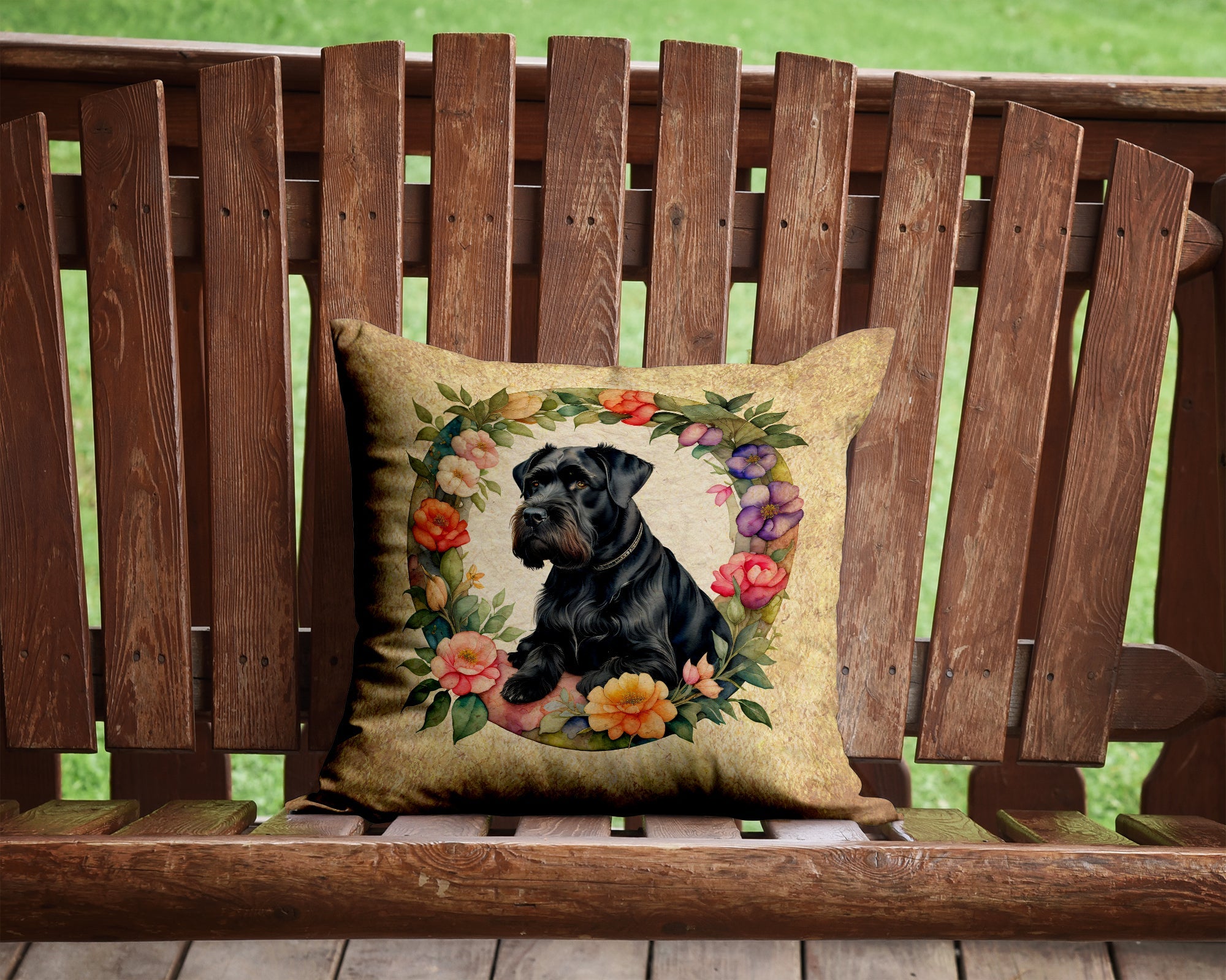 Giant Schnauzer and Flowers Decorative Throw Pillow 14x14 Indoor Outdoor Accent Cushion, Fabric Cover with Insert for Sofa, Bed, Porch & Living Room
