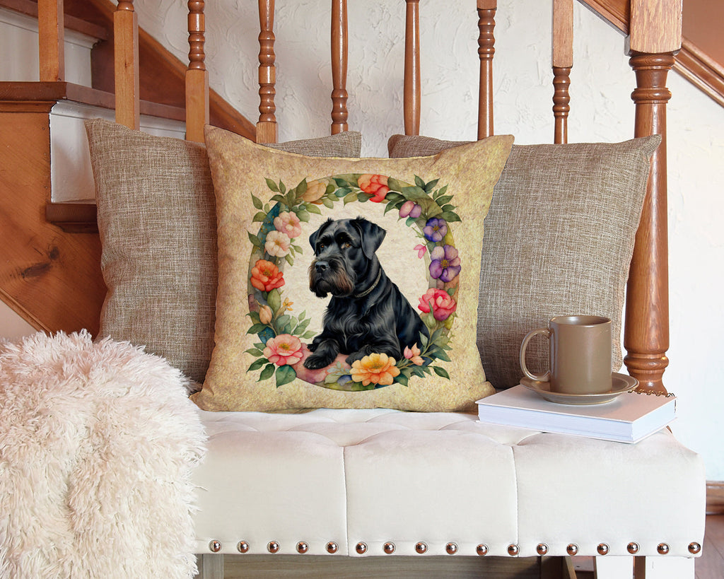 Giant Schnauzer and Flowers Decorative Throw Pillow 14x14 Indoor Outdoor Accent Cushion, Fabric Cover with Insert for Sofa, Bed, Porch & Living Room