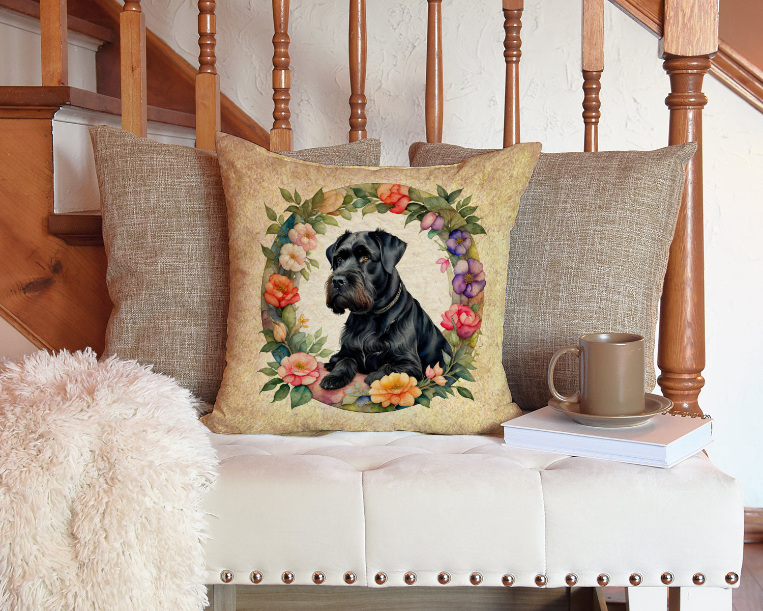 Giant Schnauzer and Flowers Decorative Throw Pillow 14x14 Indoor Outdoor Accent Cushion, Fabric Cover with Insert for Sofa, Bed, Porch & Living Room